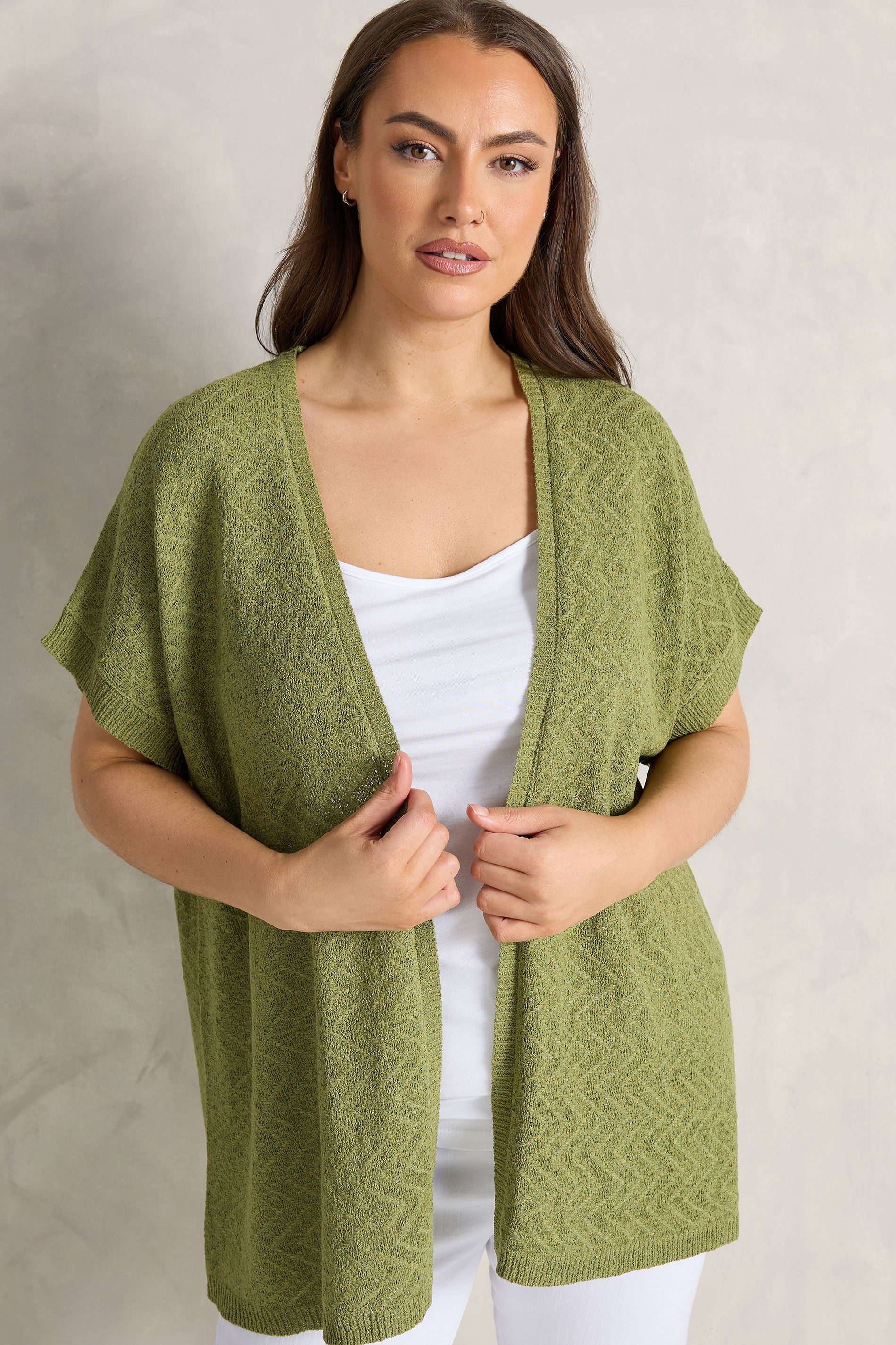 EVANS Plus Size Green Tape Yarn Short Sleeve Cardigan | Evans 3