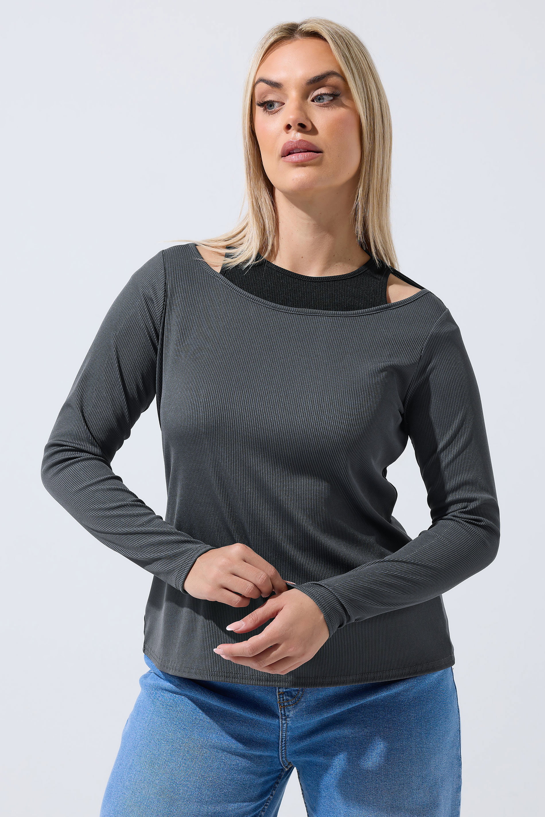 LIMITED COLLECTION Plus Size Grey 2-In-1 Ribbed Long Sleeve T-Shirt | Yours Clothing 3