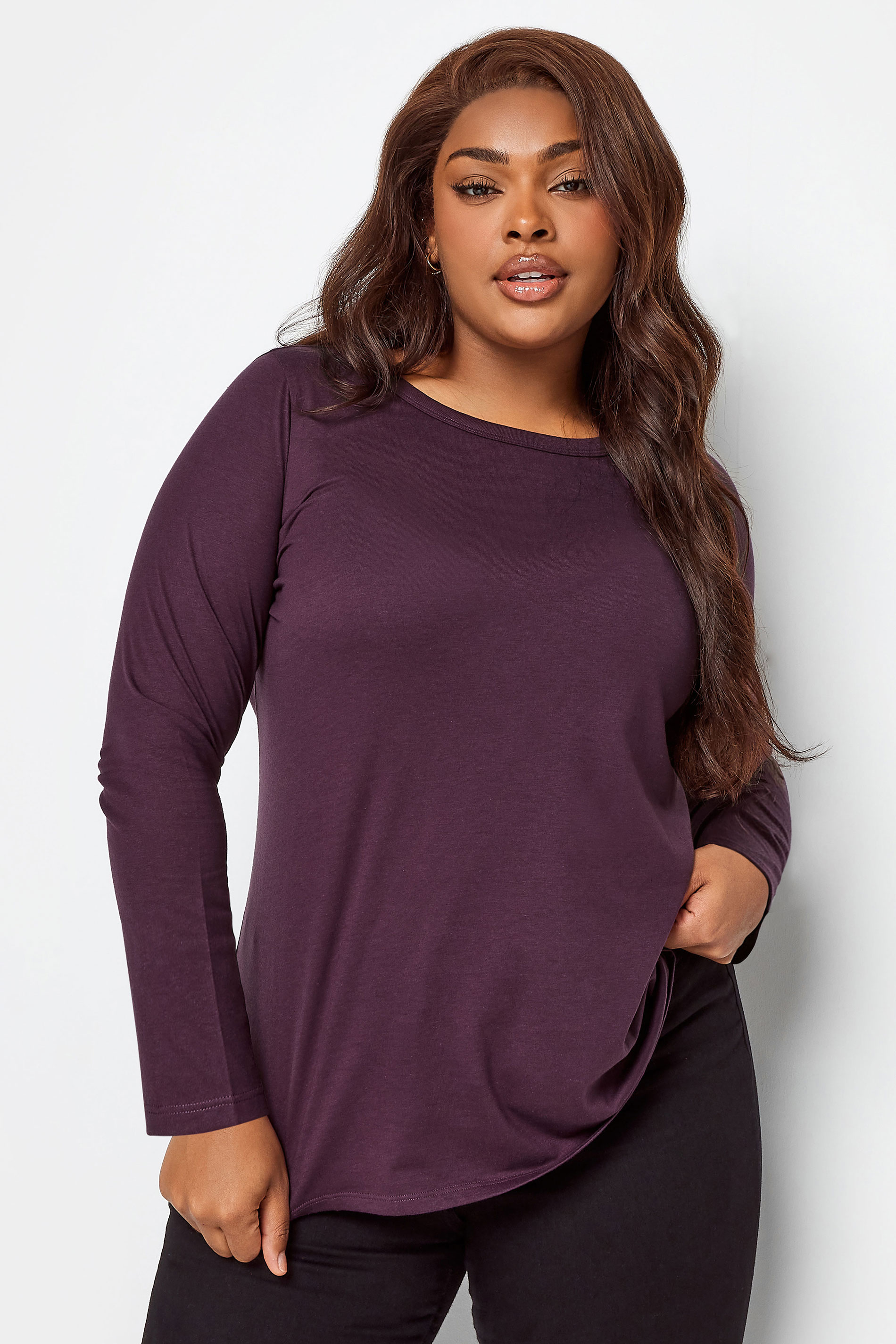 YOURS Curve Plus Size Dark Purple Long Sleeve Basic Top | Yours Clothing  1