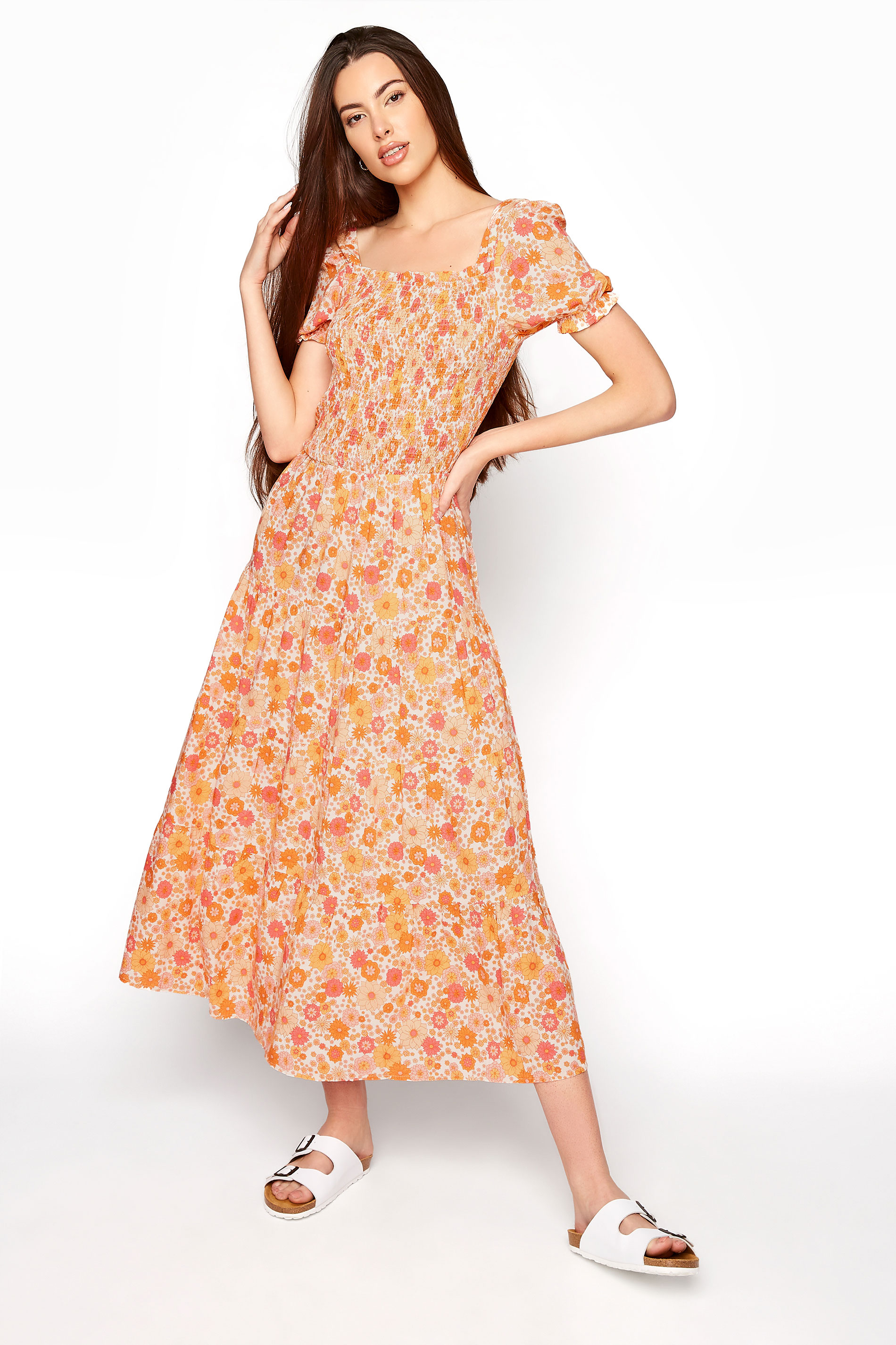 LTS Tall Orange Short Sleeve Floral Maxi Dress_A.jpg