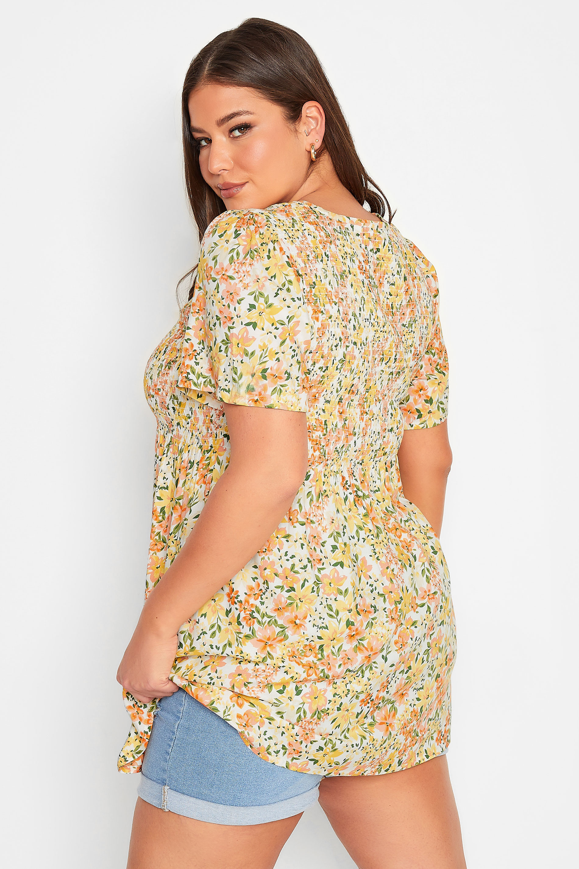 YOURS Plus Size Yellow Floral Print Shirred Top | Yours Clothing