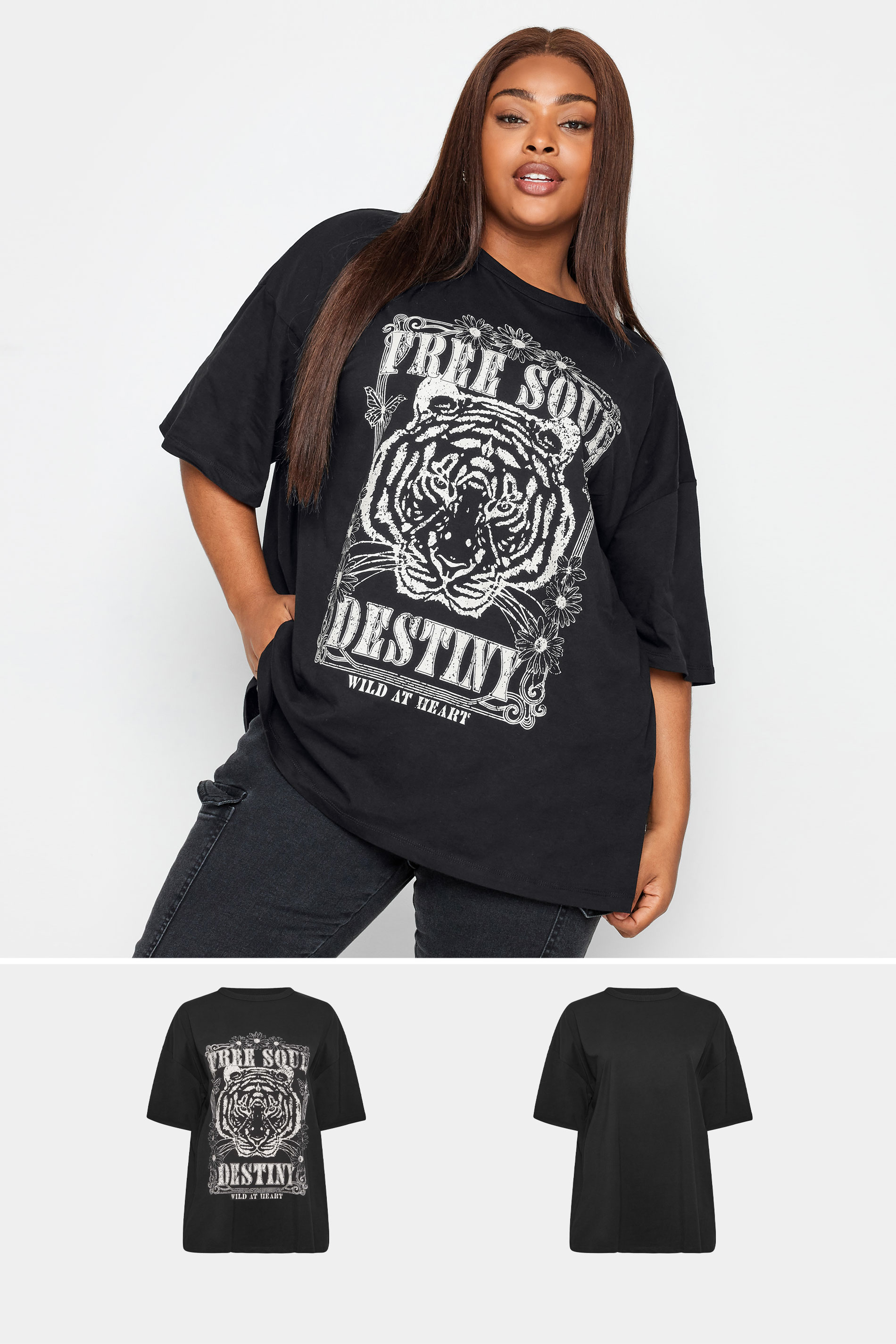 YOURS 2 PACK Plus Size Black Wild Tiger Printed T-Shirts | Yours Clothing 1
