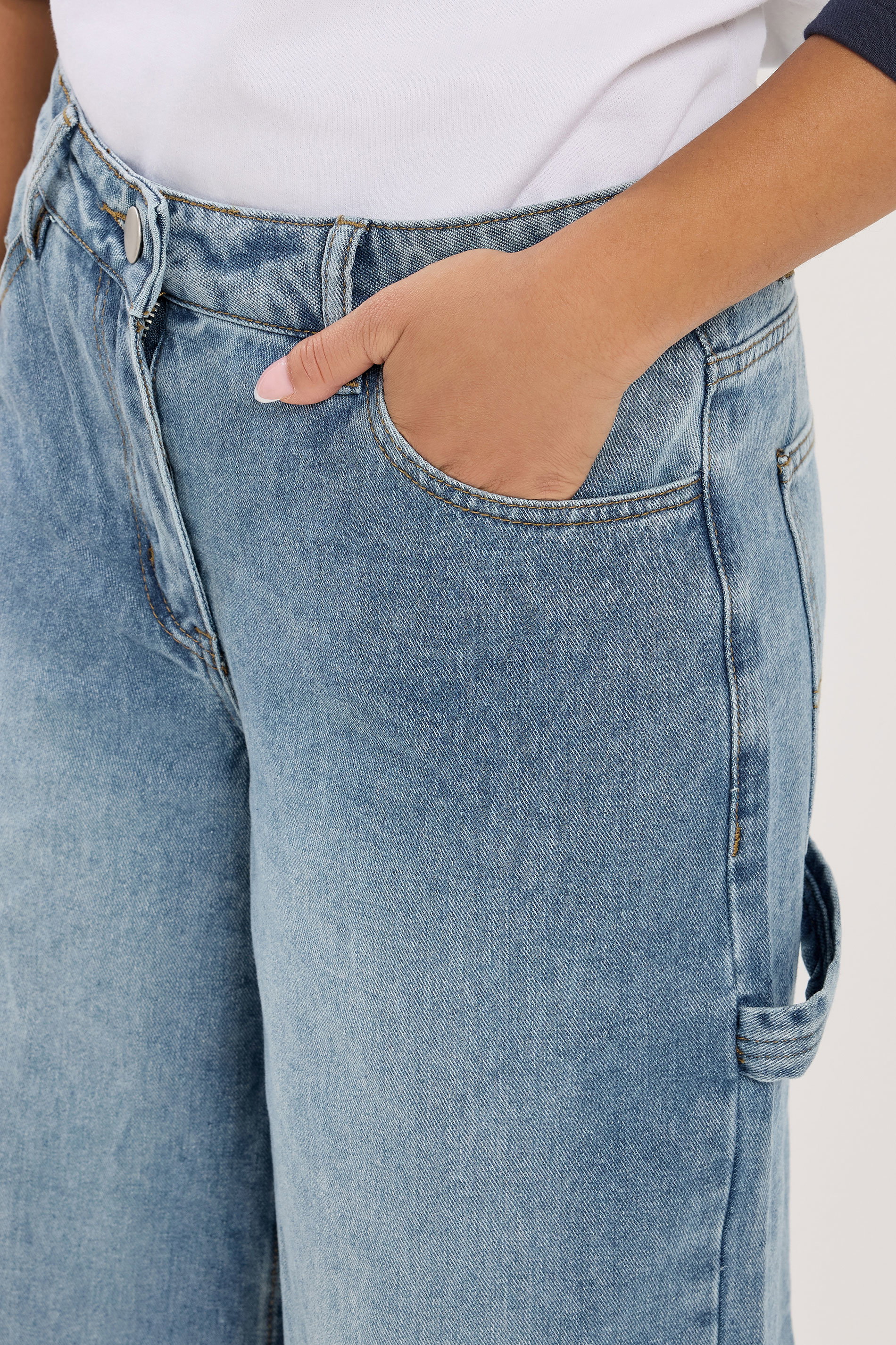 PixieGirl Petite Women's Mid Blue Carpenter Wide Leg Jeans | PixieGirl 5