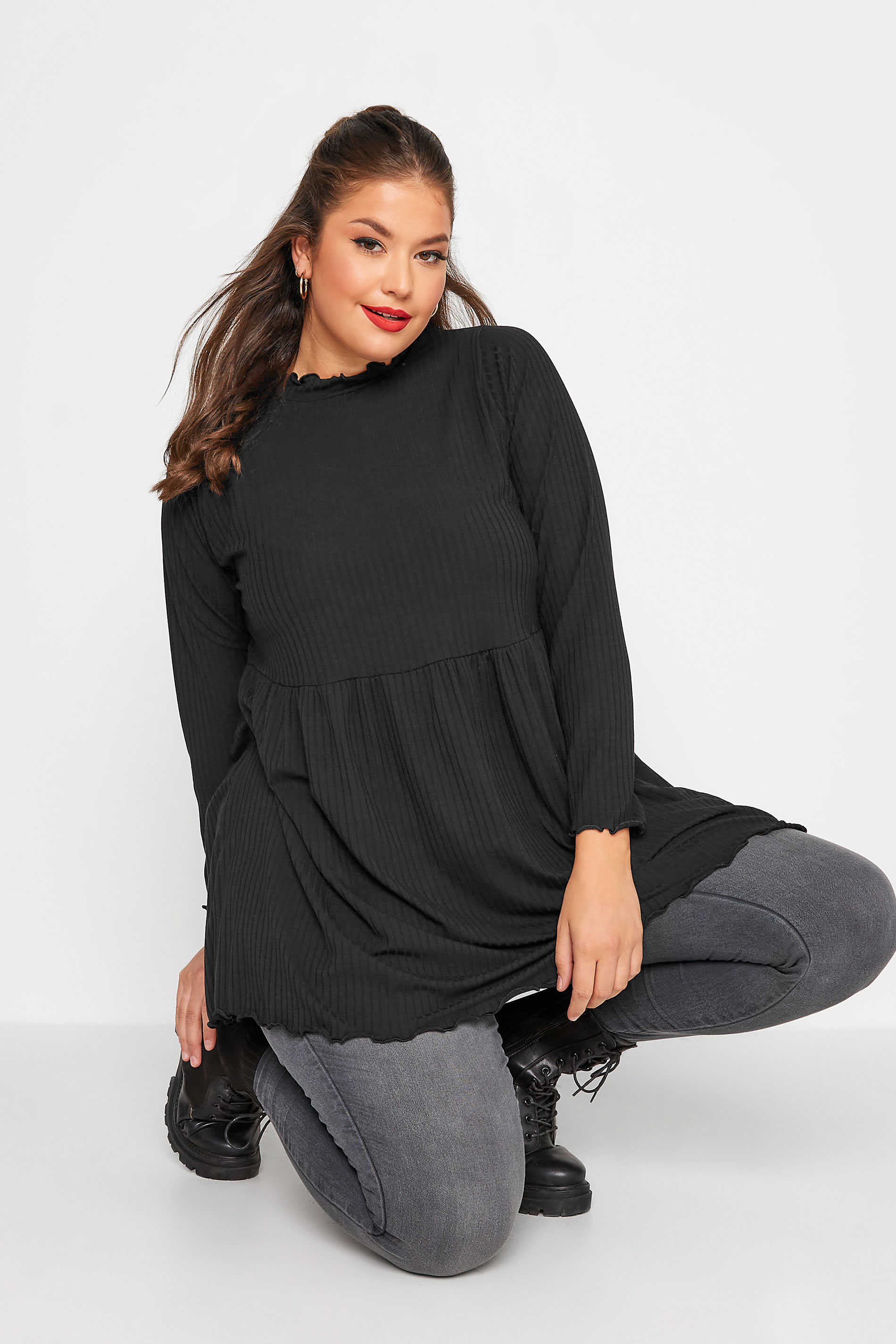 LIMITED COLLECTION Plus Size Black Peplum Lettuce Hem Top | Yours Clothing  1