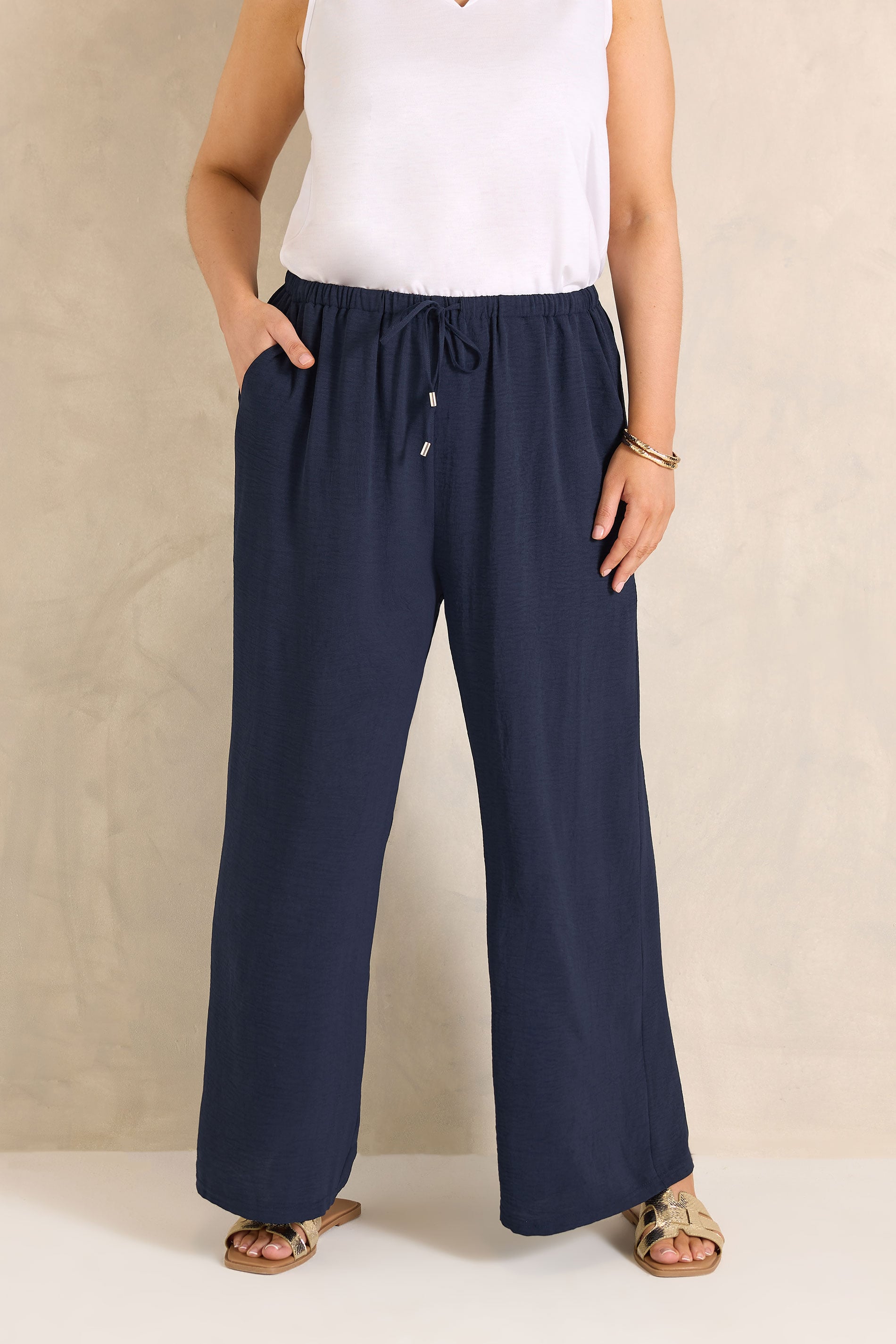EVANS Plus Size Navy Blue Tie Waist Wide Leg Trousers | Evans  3