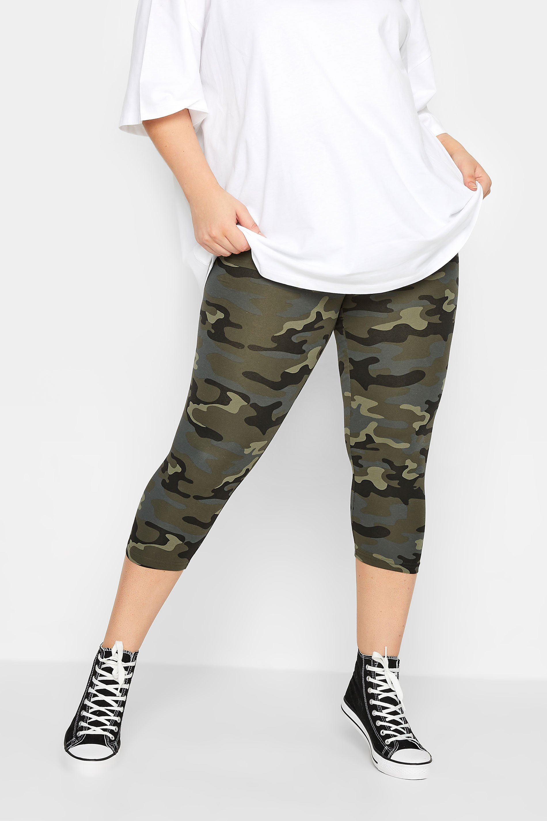 YOURS Plus Size Khaki Green Camo Cropped Leggings | Yours Clothing 1