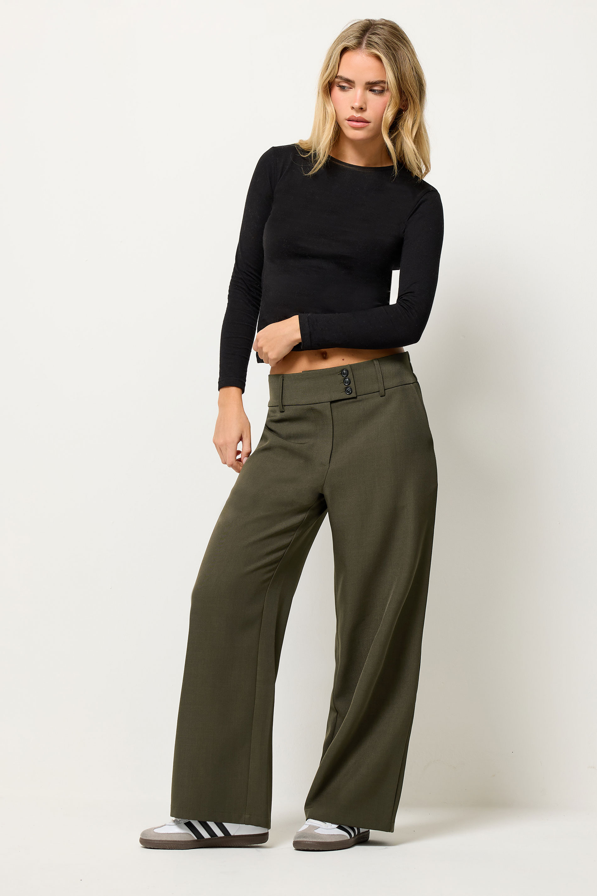 PixieGirl Petite Women's Olive Green Button Tab Detail Wide Leg Trousers | PixieGirl 3