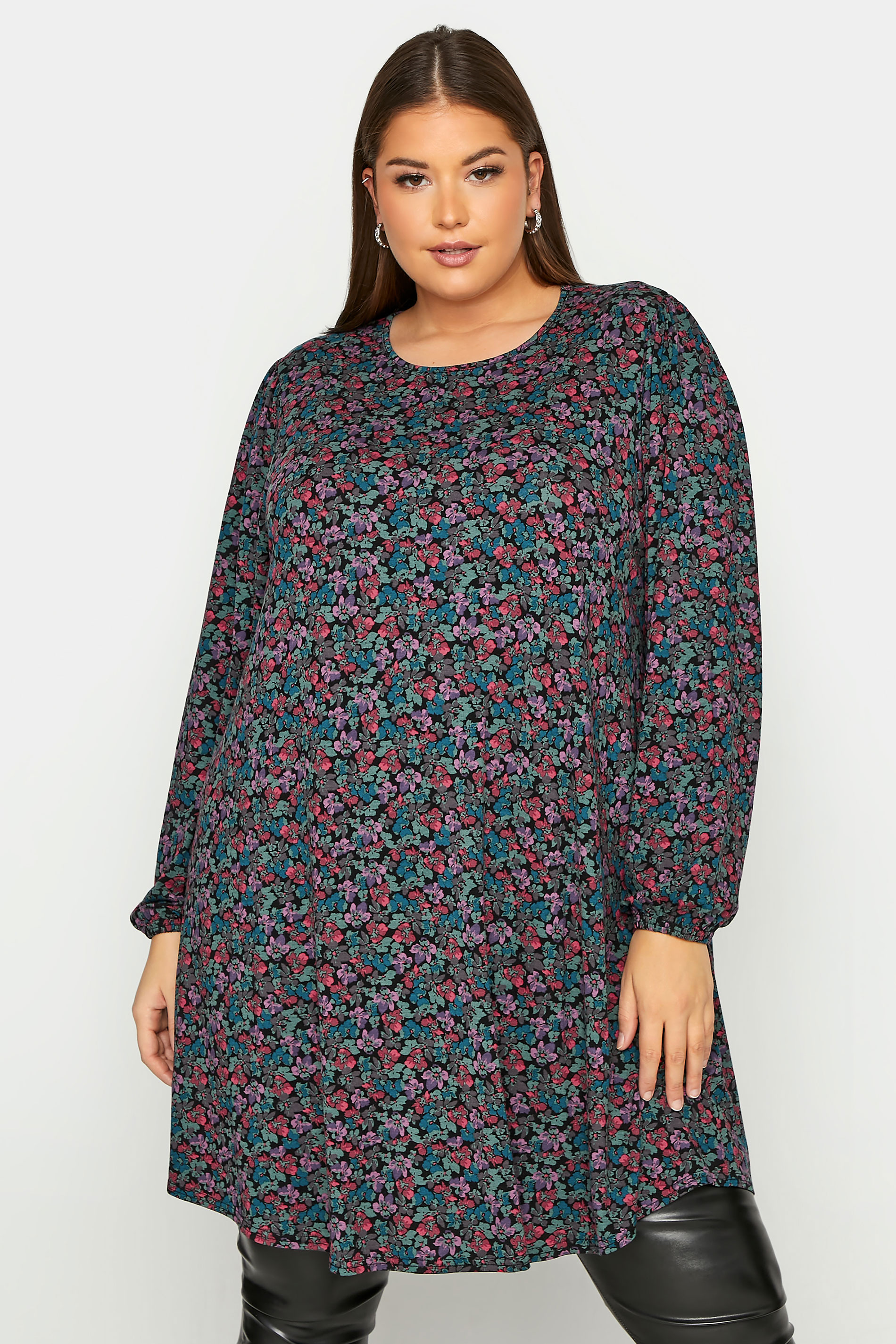 LIMITED COLLECTON Curve Black Ditsy Print Swing Tunic Top_A.jpg