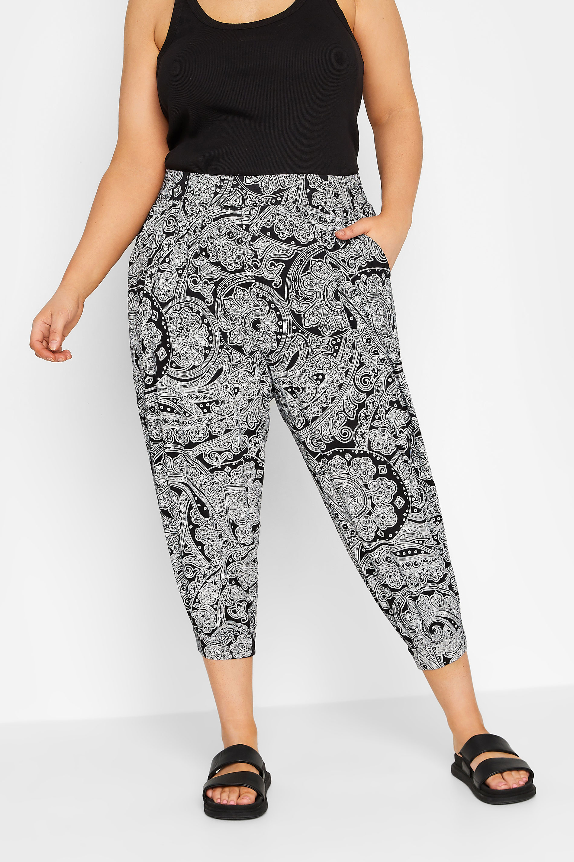 YOURS Plus Size Black Paisley Print Jersey Cropped Harem Trousers ...