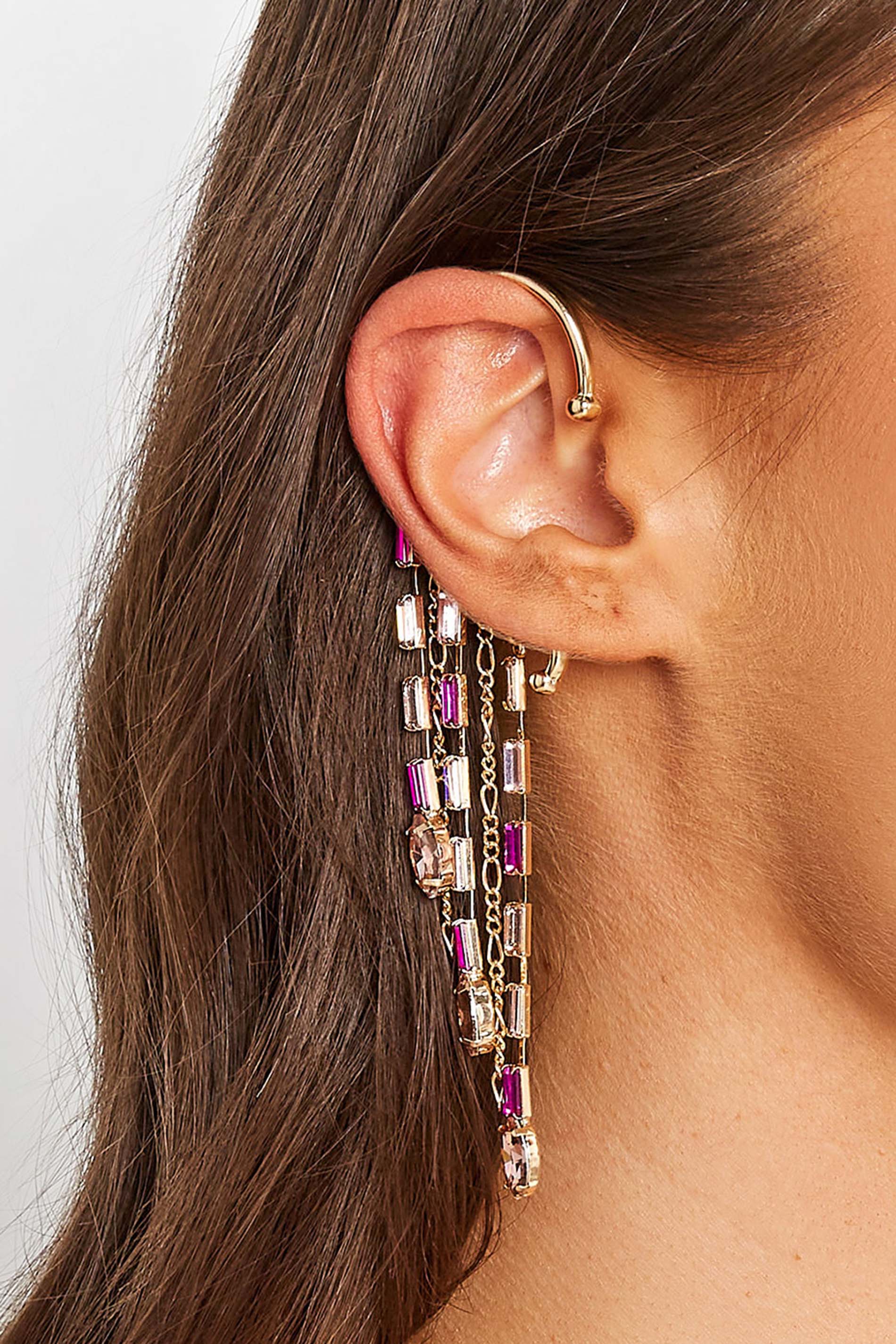 Gold & Pink Diamante Ear Cuff Earring | Yours Clothing 1