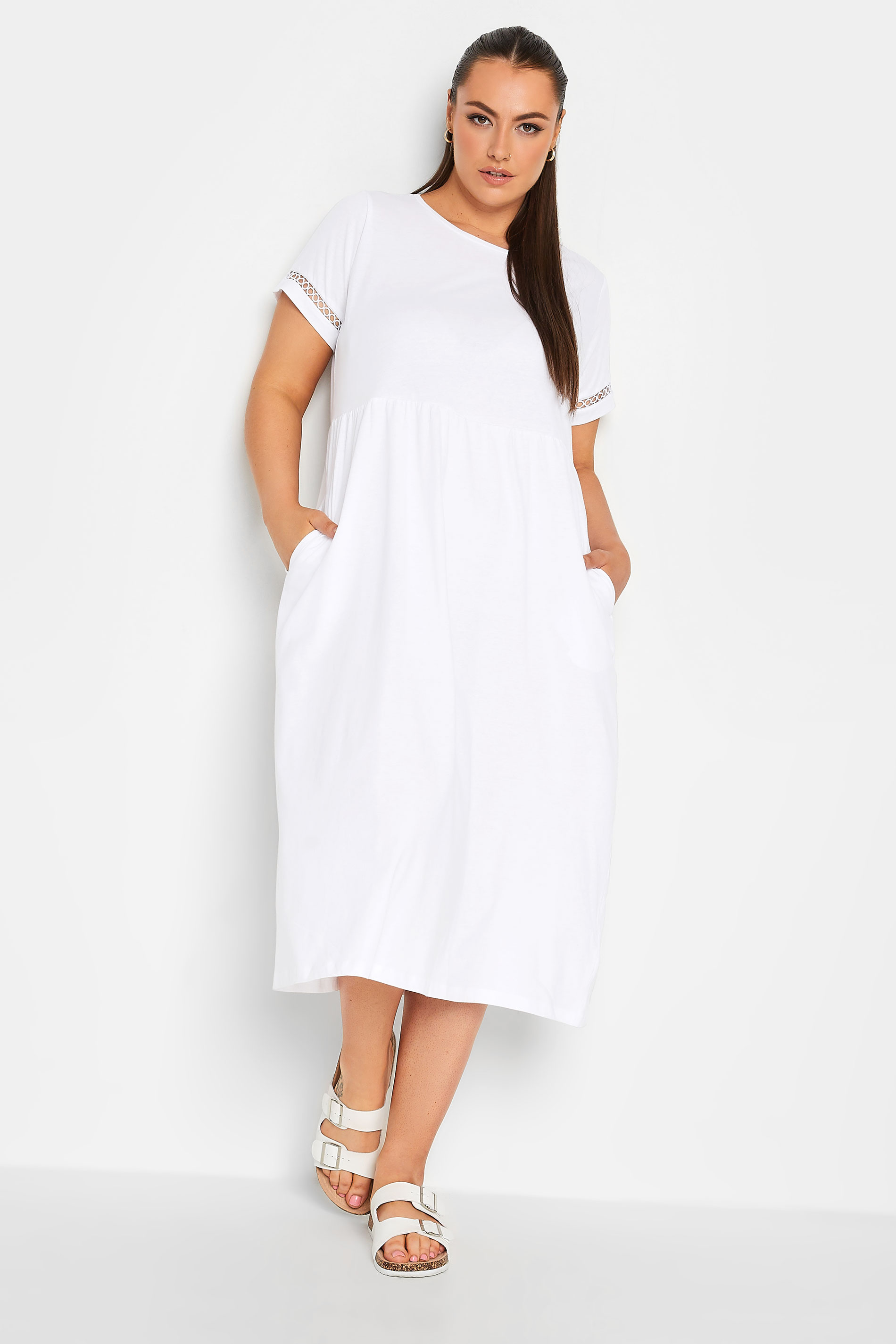 LIMITED COLLECTION Plus Size Curve White Crochet T-Shirt Dress | Yours Clothing  1