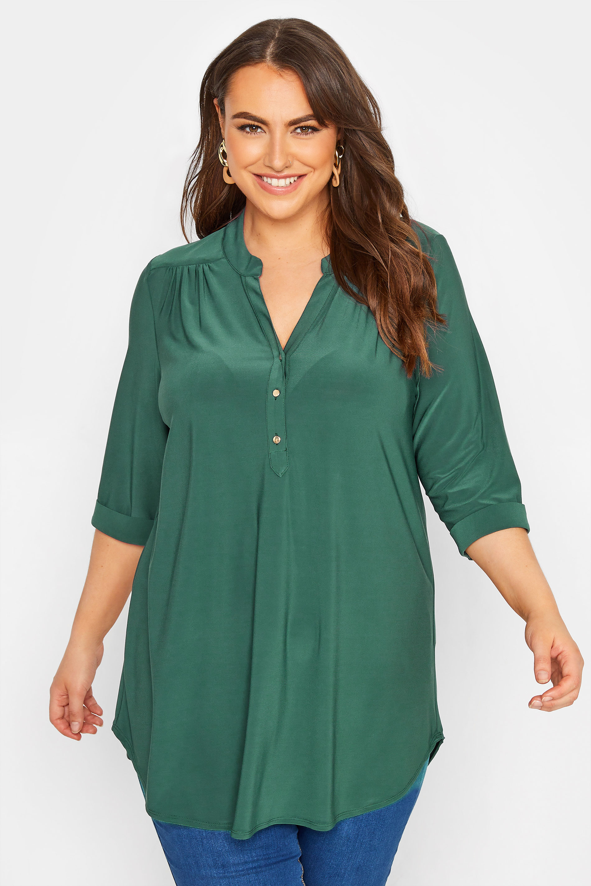 Plus Size Green Half Placket Blouse | Yours Clothing 1