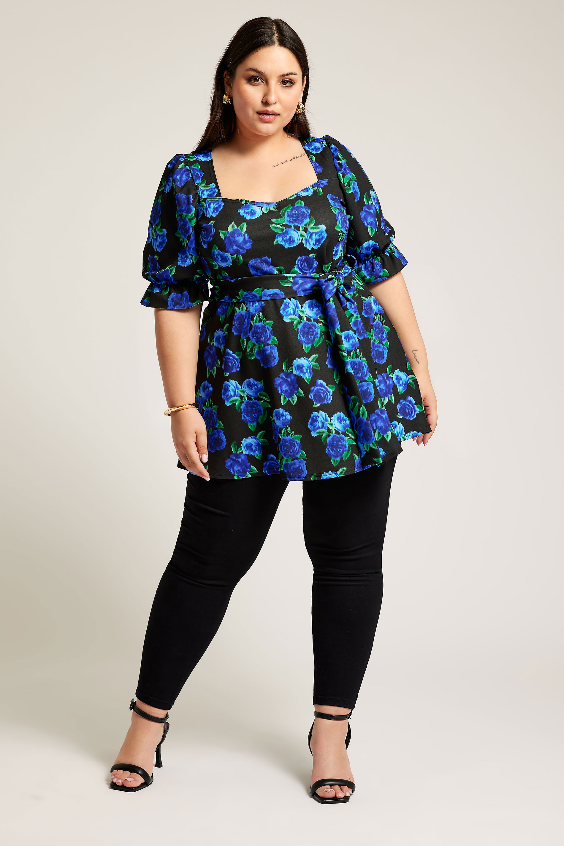 YOURS LONDON Plus Size Black & Blue Floral Print Peplum Top | Yours Clothing 2