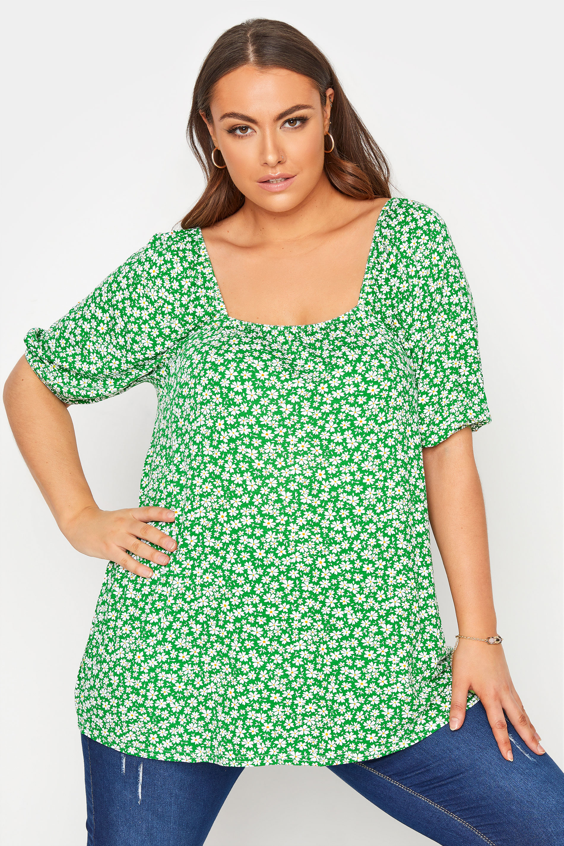 LIMITED COLLECTION Curve Bright Green Daisy Print Square Neck Top 1