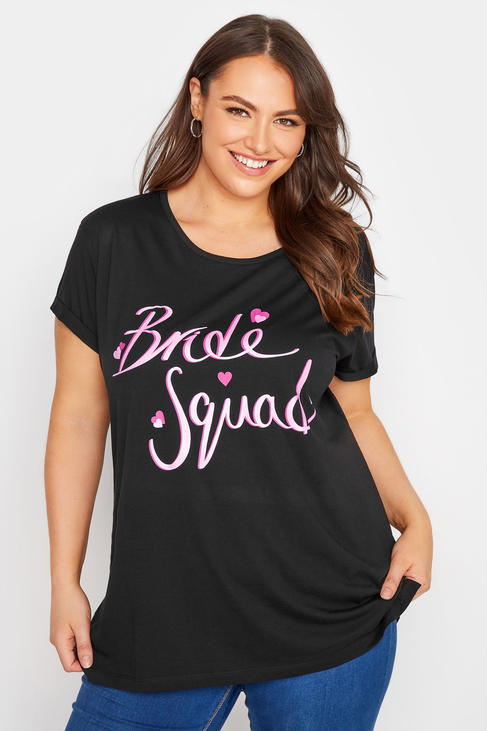 Plus Size Black 'Bride Squad' Slogan T-Shirt | Yours Clothing   1