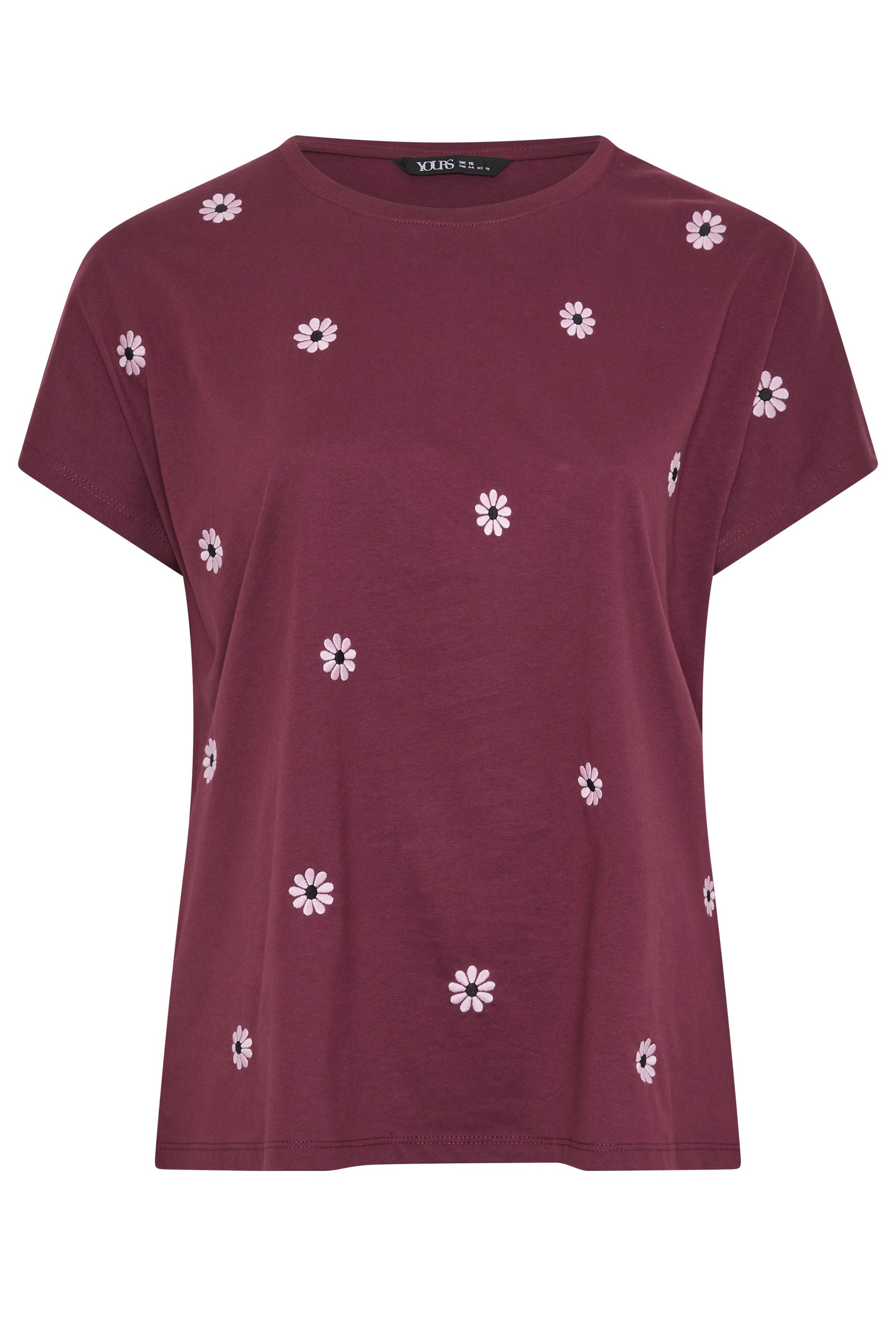 YOURS Plus Size Burgundy Red Embroidered Daisy T-Shirt | yours Clothing 5