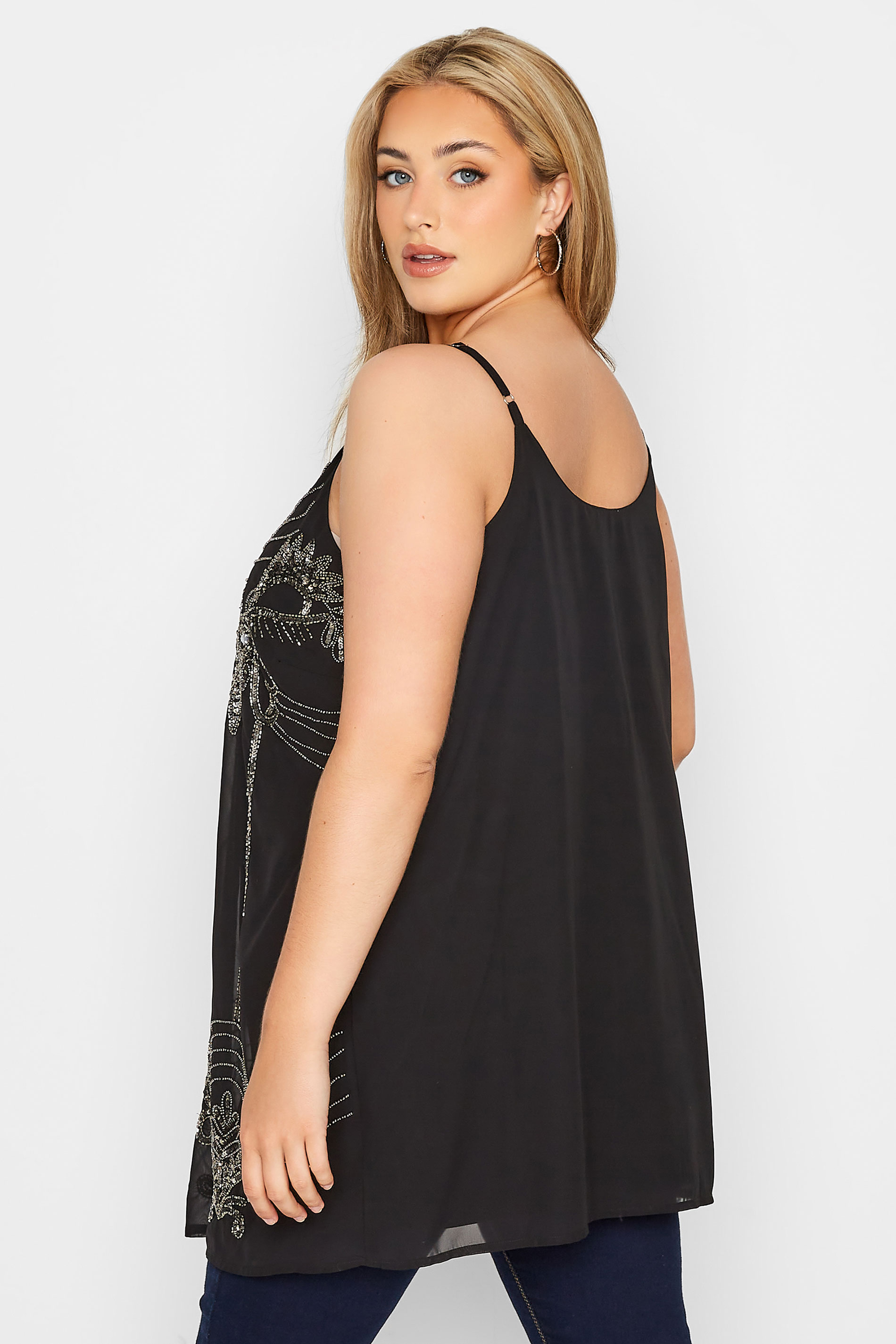 Plus Size LUXE Black Paisley Sequin Hand Embellished Cami Top | Yours Clothing 2