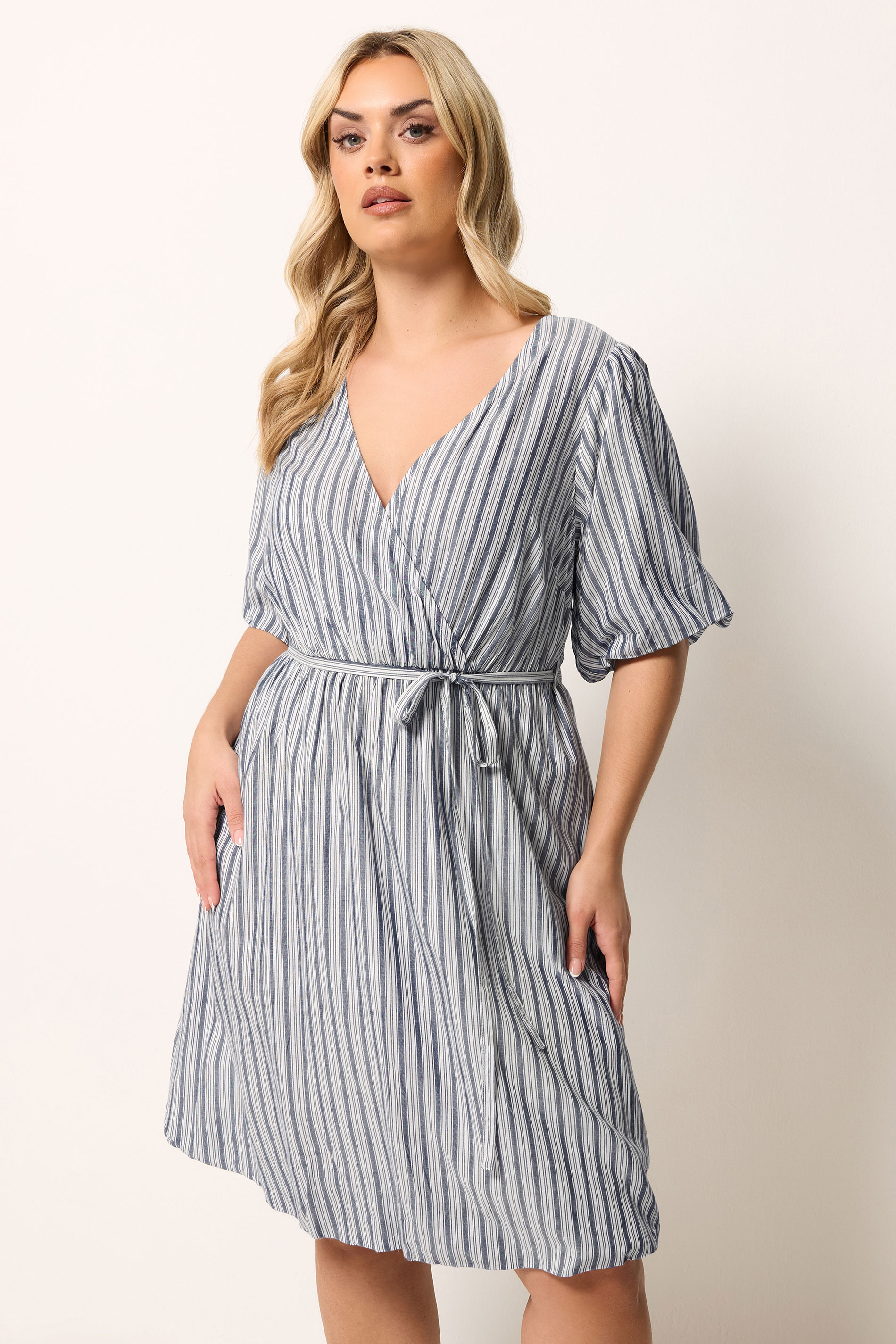 YOURS Plus Size Blue Stripe Puff Ball Wrap Dress | Yours Clothing 3