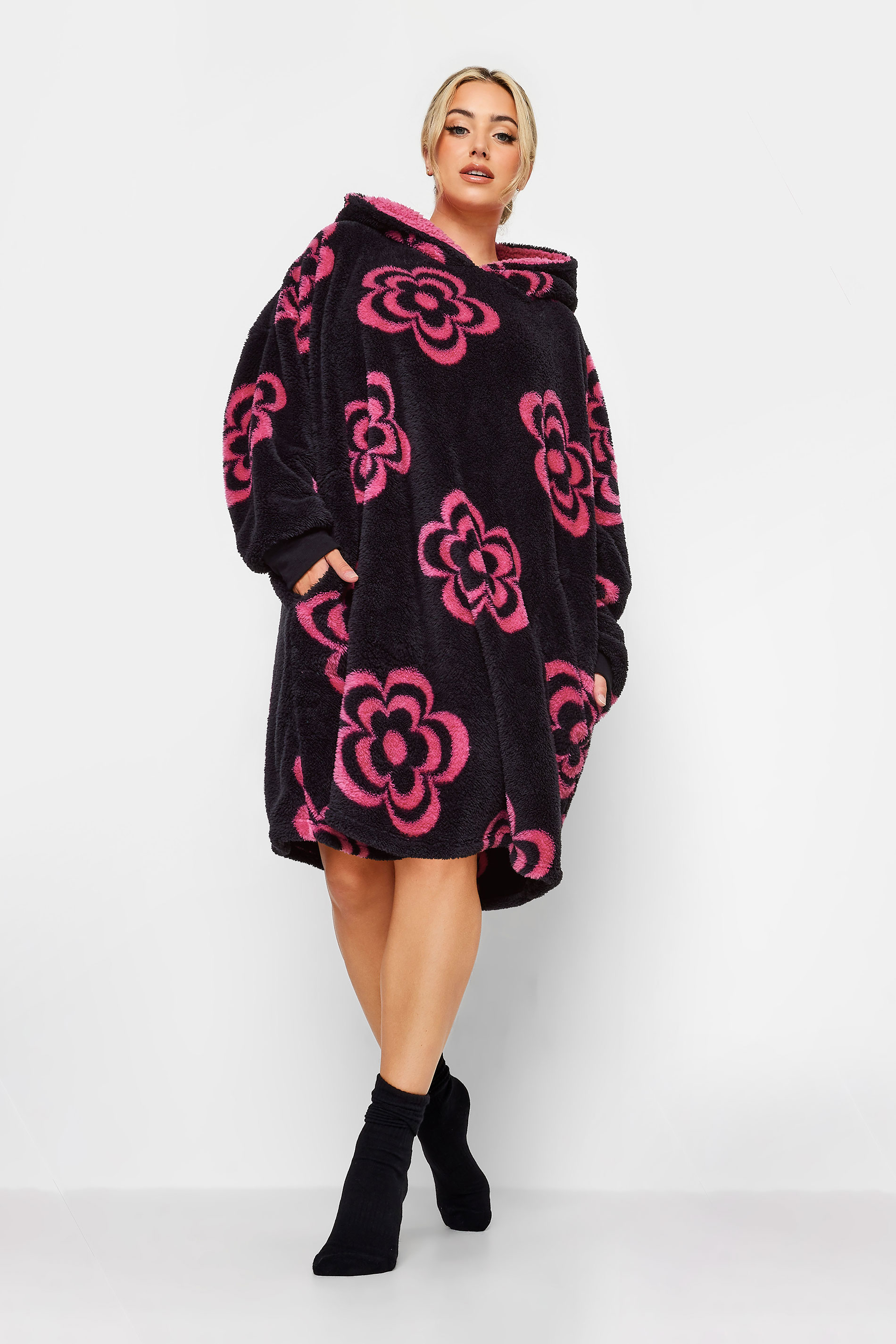 YOURS Curve Plus Size Black & Pink Floral Snuggle Hoodie | Yours Clothing  1
