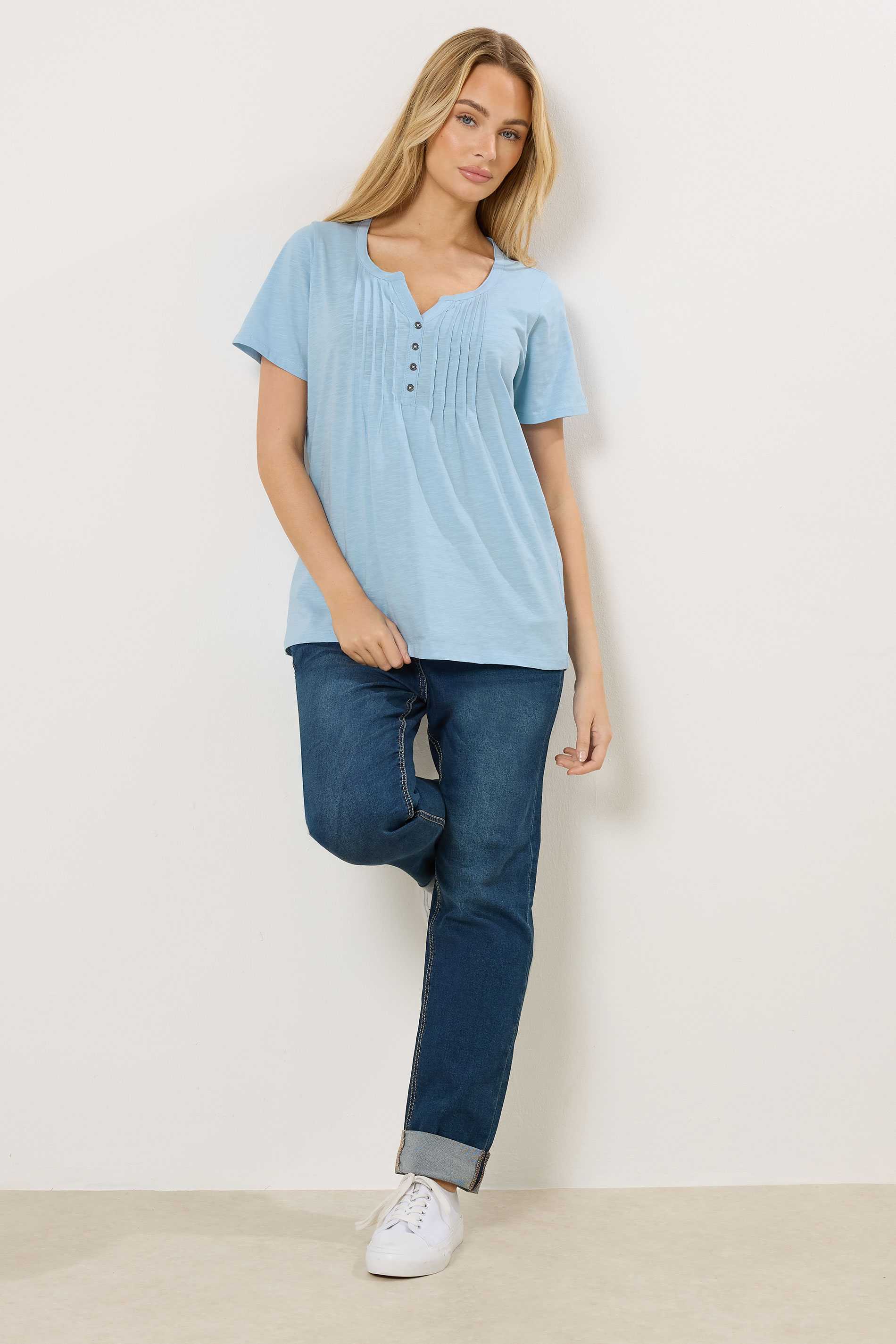 M&Co Blue Cotton Short Sleeve Henley Top | M&Co 1