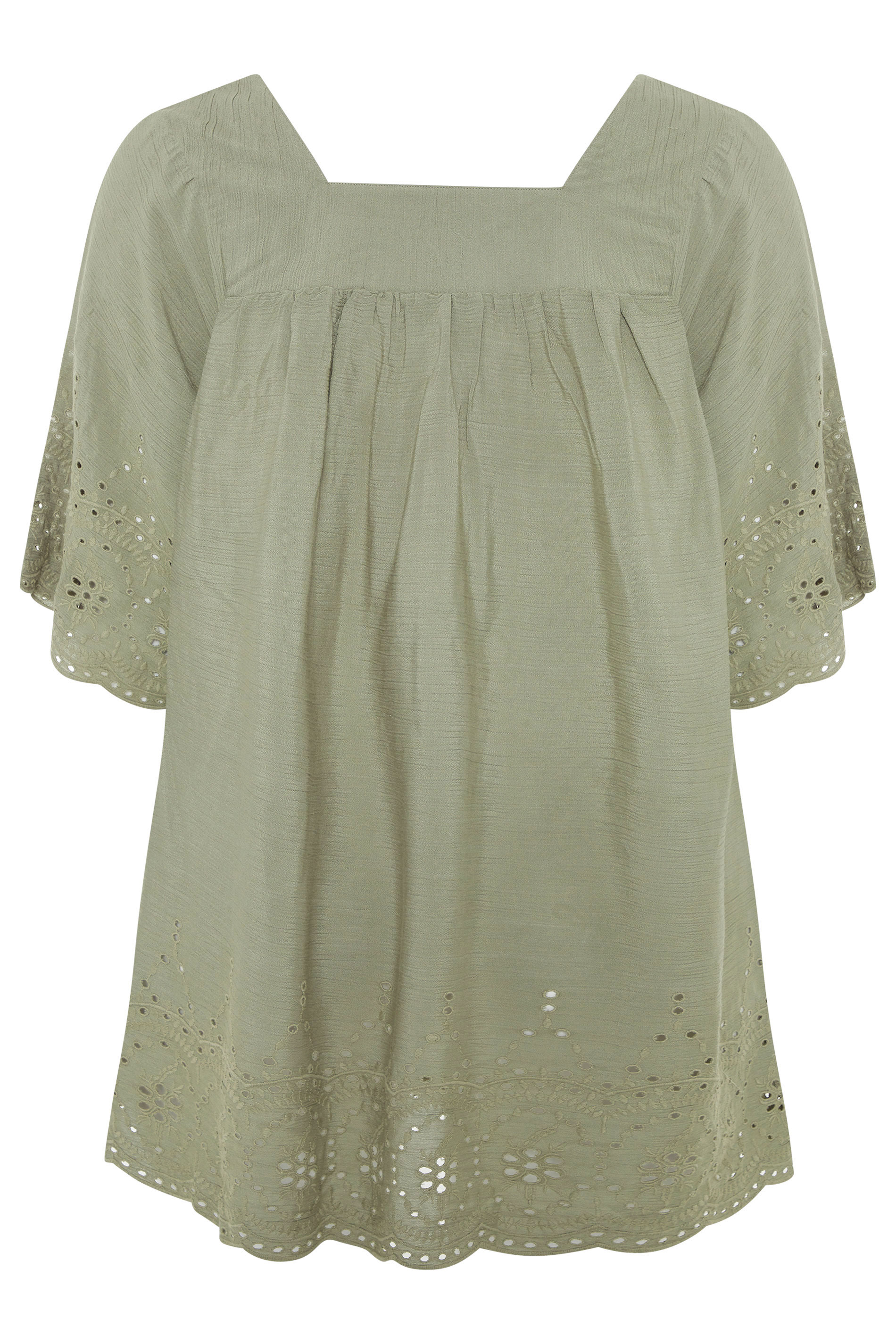 Khaki Green Broderie Anglaise Milkmaid Top | Yours Clothing