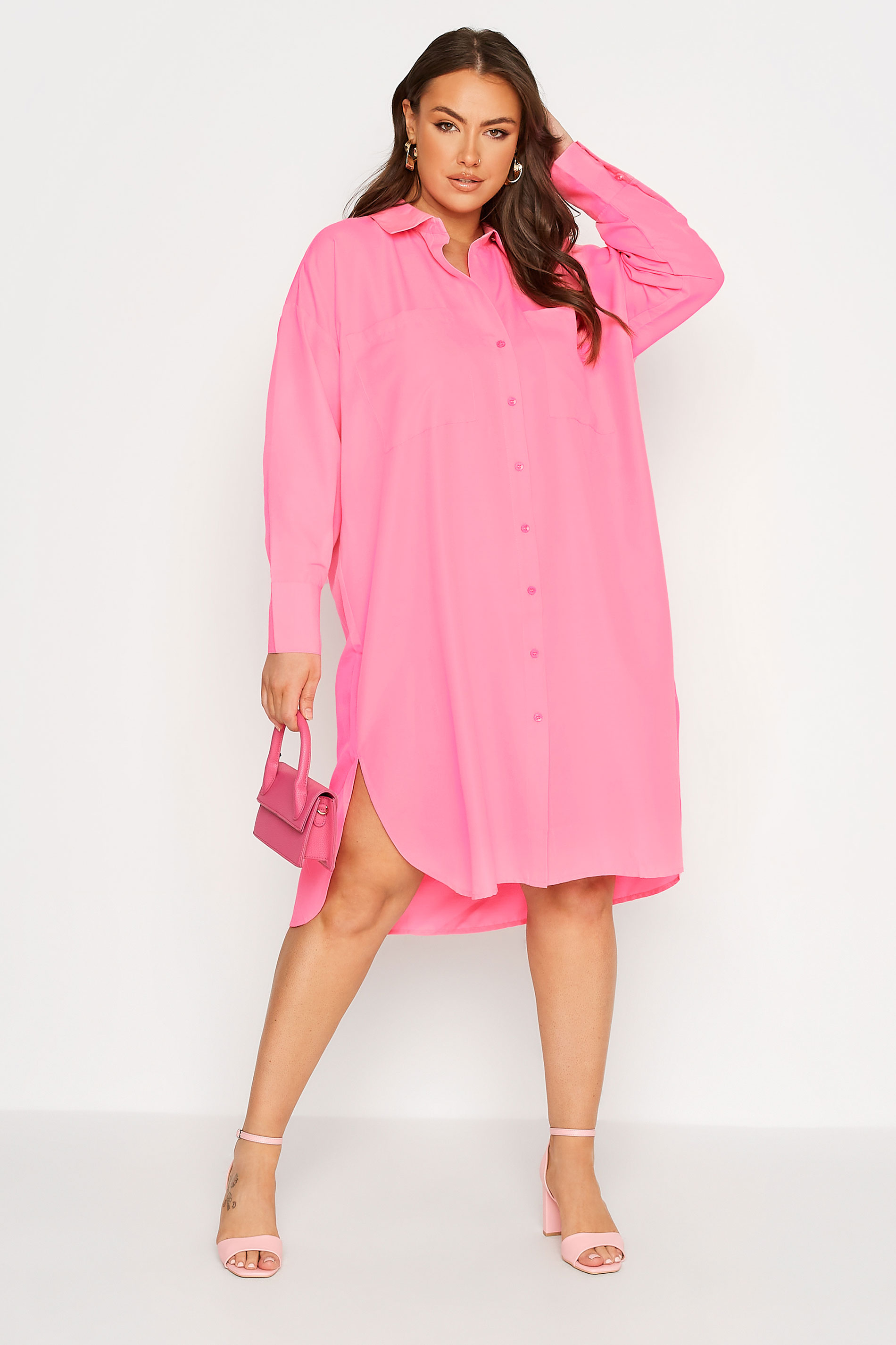 LIMITED COLLECTION Plus Size Neon Pink Midi Shirt Dress | Yours Clothing 1