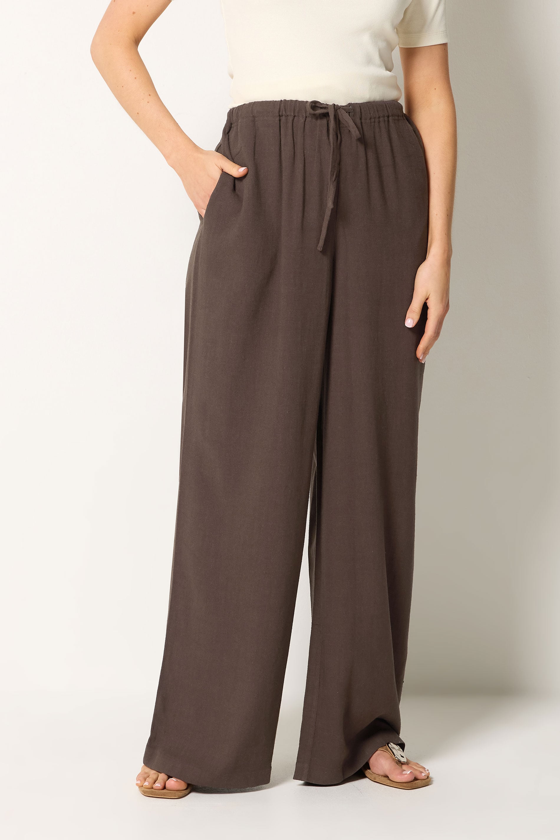 LTS Tall Women's Chocolate Brown Wide Leg Linen Trousers | Long Tall Sally 2