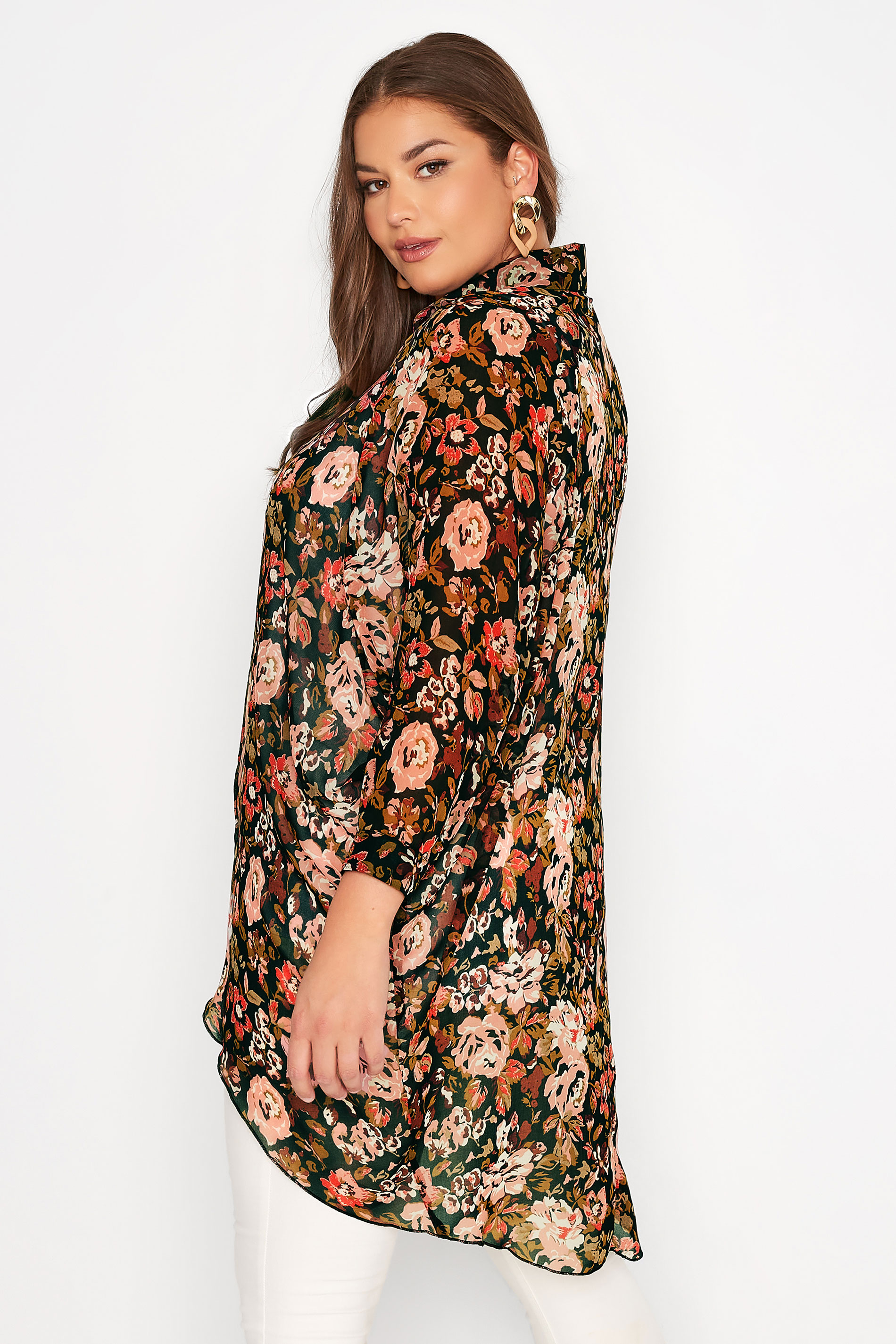 Curve Black & Red Sheer Floral Long Shirt | Yours Clothing 3