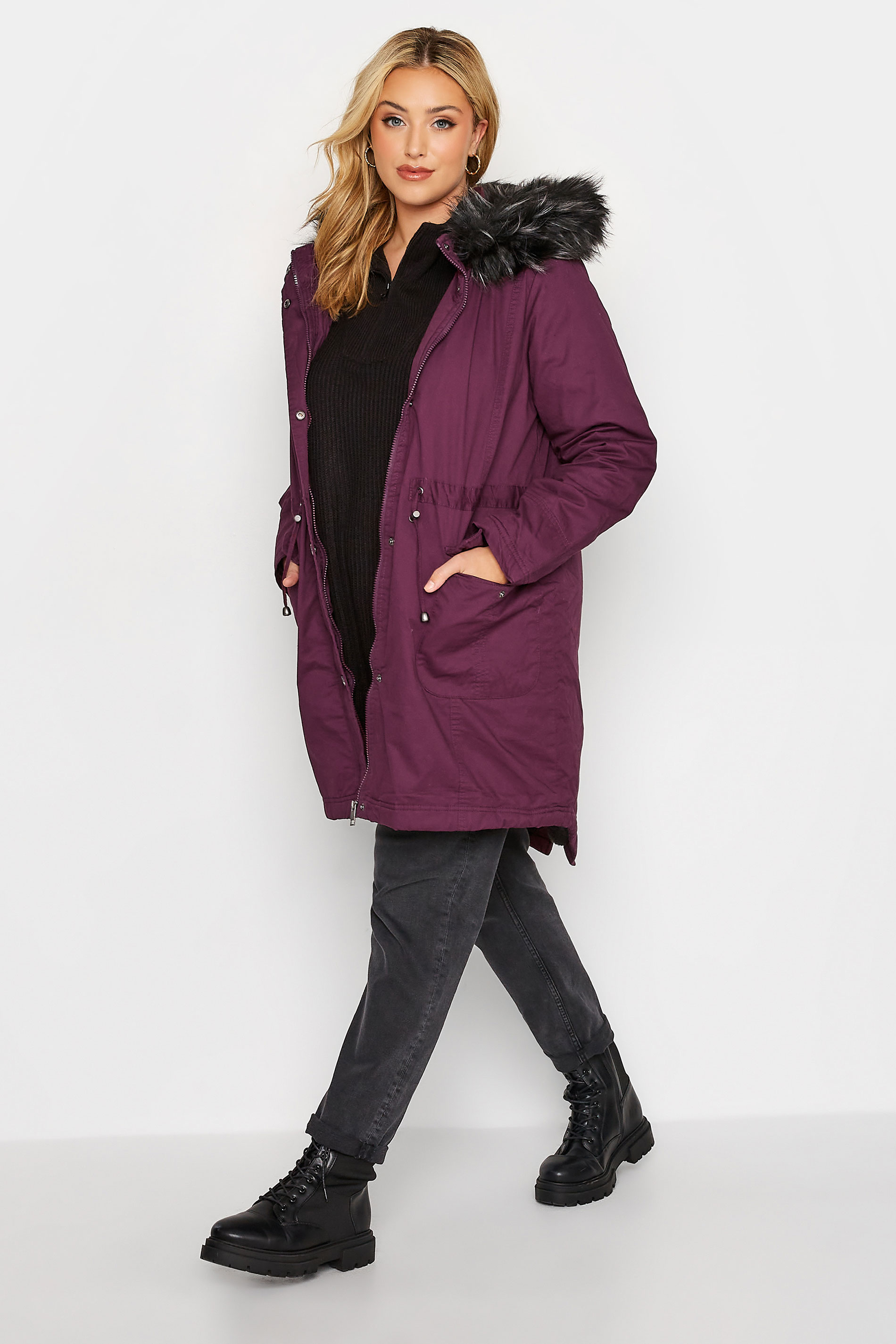 Plus Size Purple Faux Fur Lined Hooded Parka Coat | Yours Clothing 2