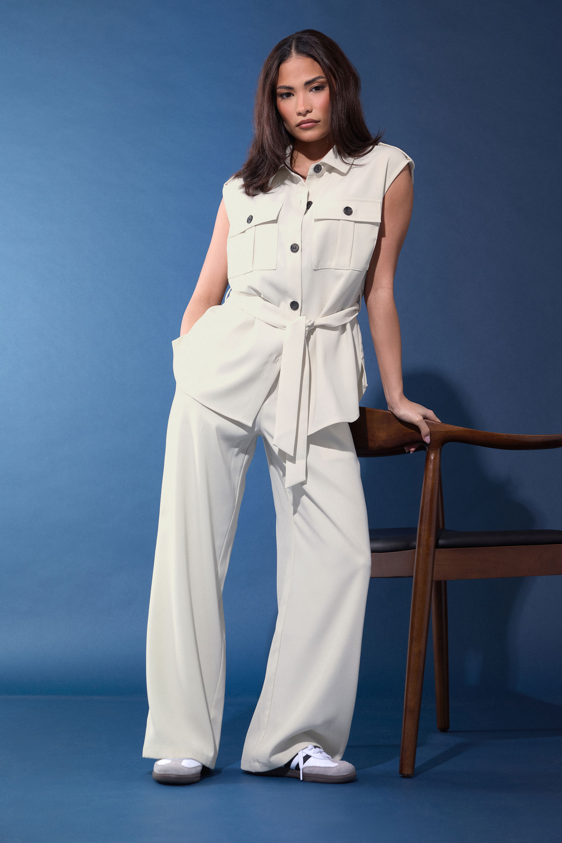 PixieGirl Petite Women's Set Ivory White Belted Utility Shirt & Wide Leg Trousers | PixieGirl 3