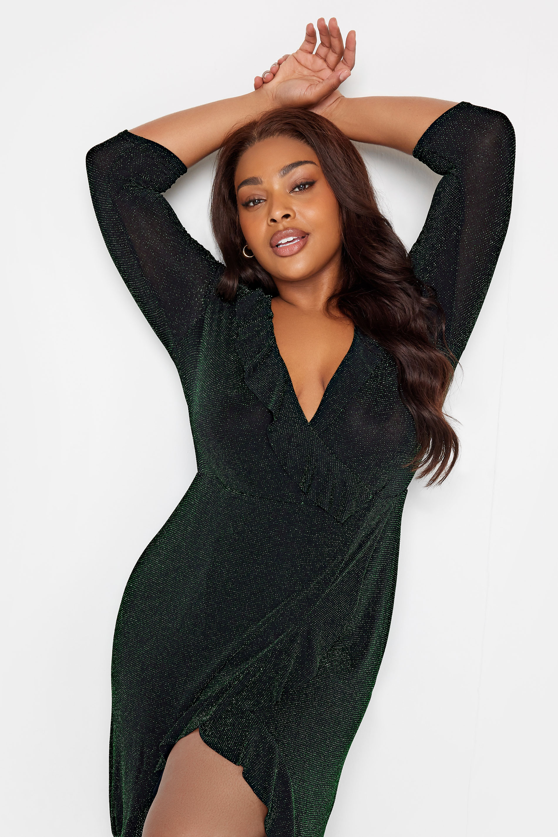 YOURS LONDON Plus Size Black & Green Glitter Ruffle Wrap Party Dress | Yours Clothing 3