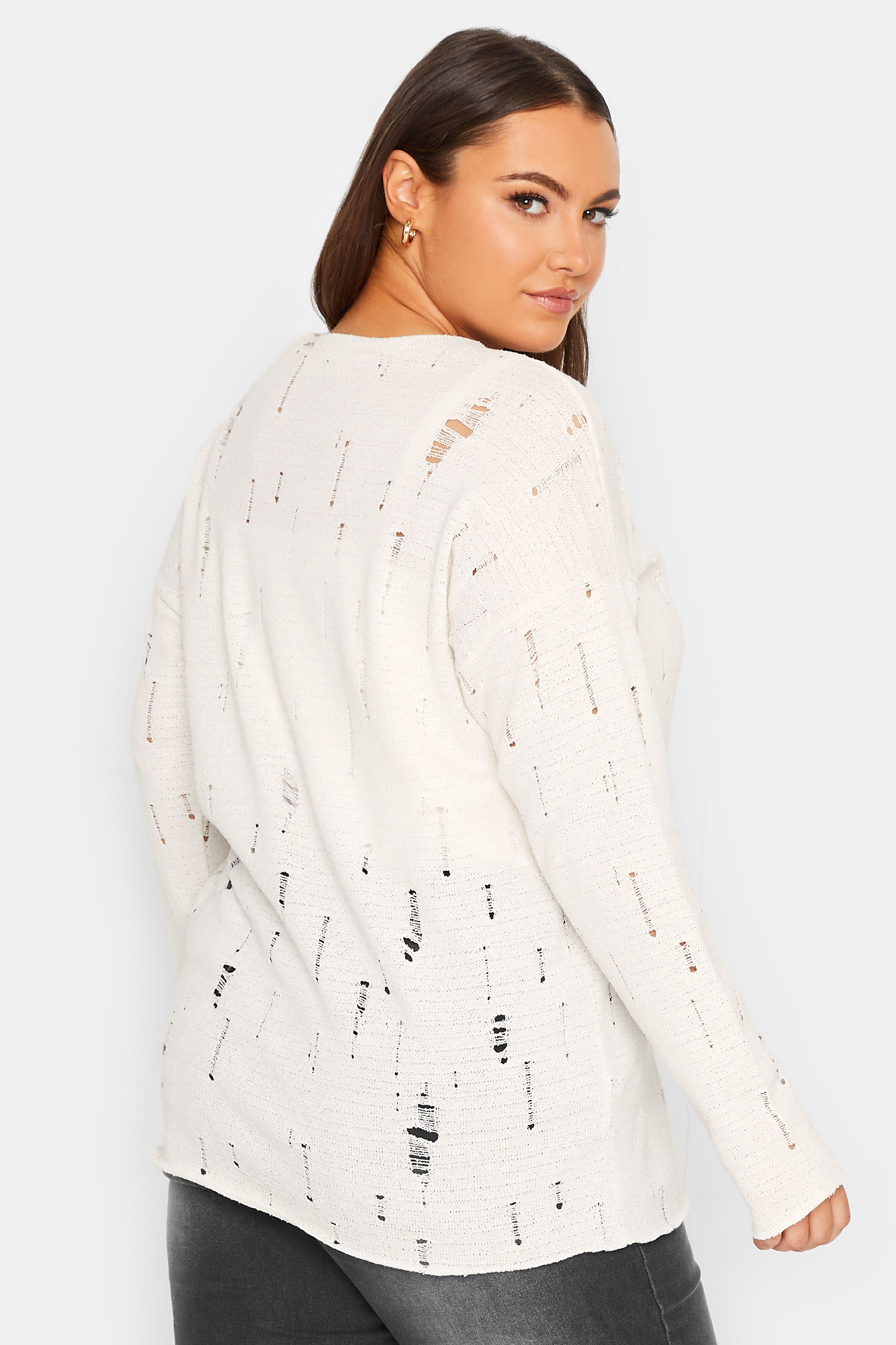 YOURS LUXURY Plus Size Ivory White Distressed Stitch Knitted Jumper | Yours Clothing 3