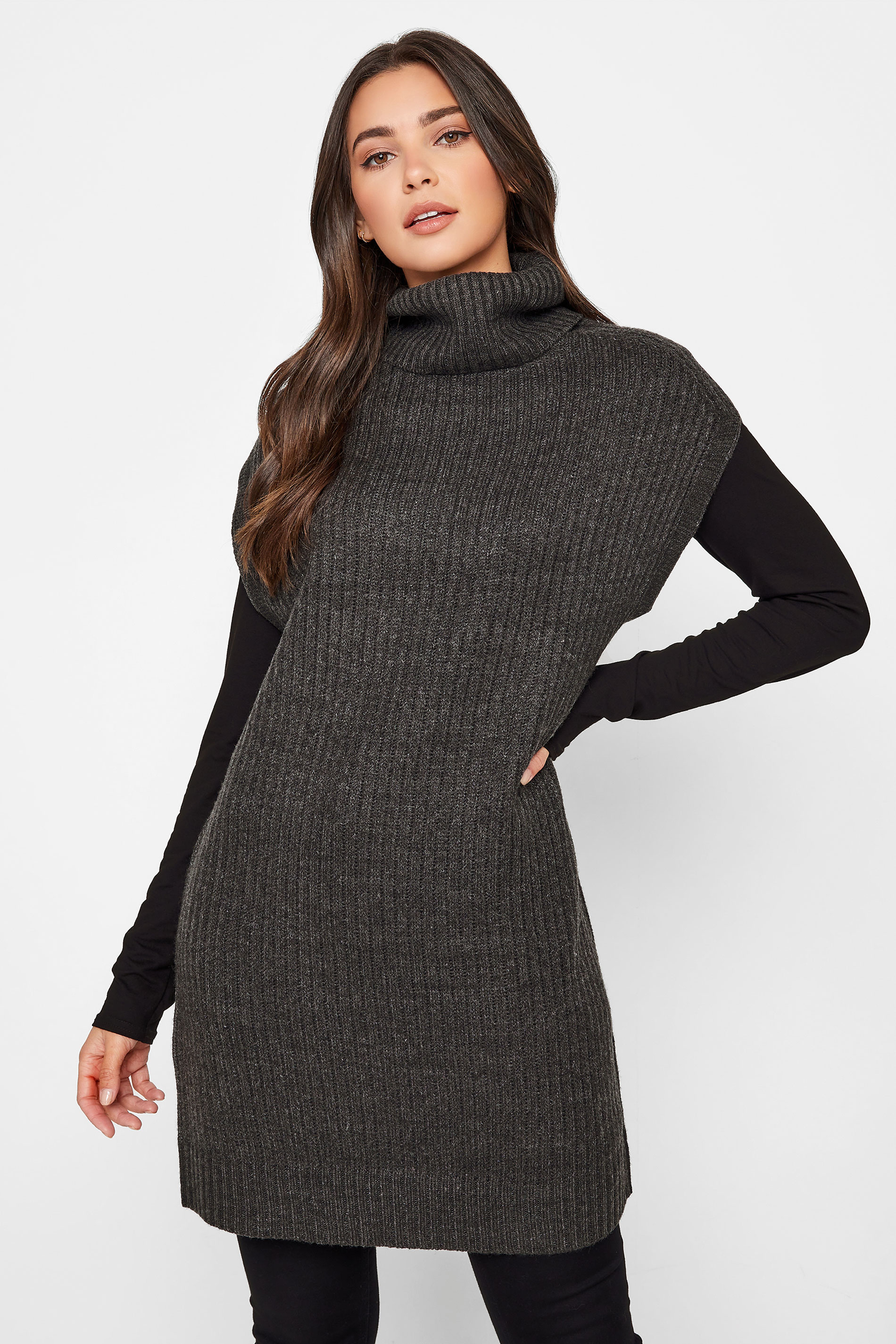 LTS Tall Charcoal Grey Roll Neck Longline Knitted Vest_RA.jpg