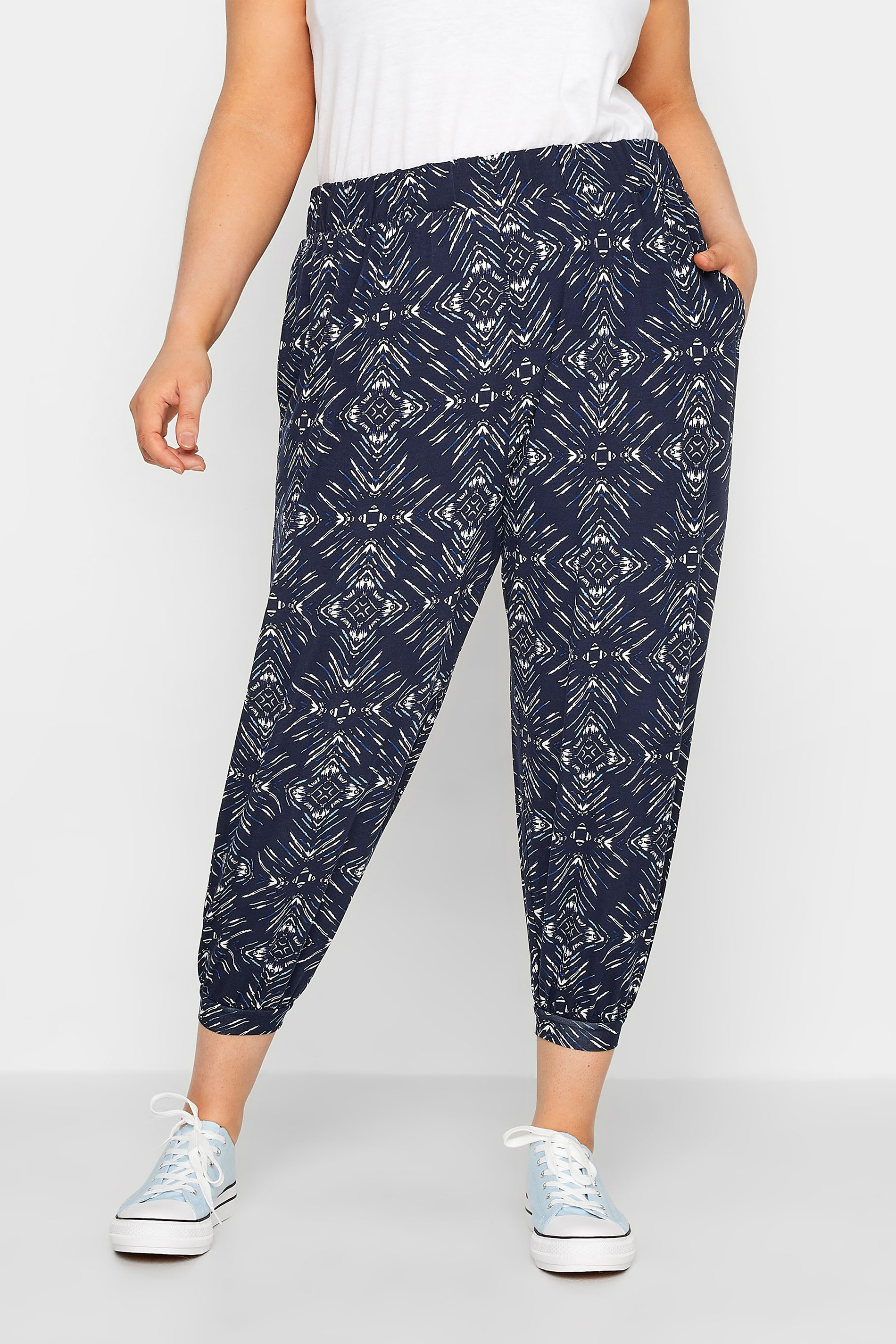 YOURS Plus Size Navy Blue Diamond Print Cropped Harem Trousers | Yours ...
