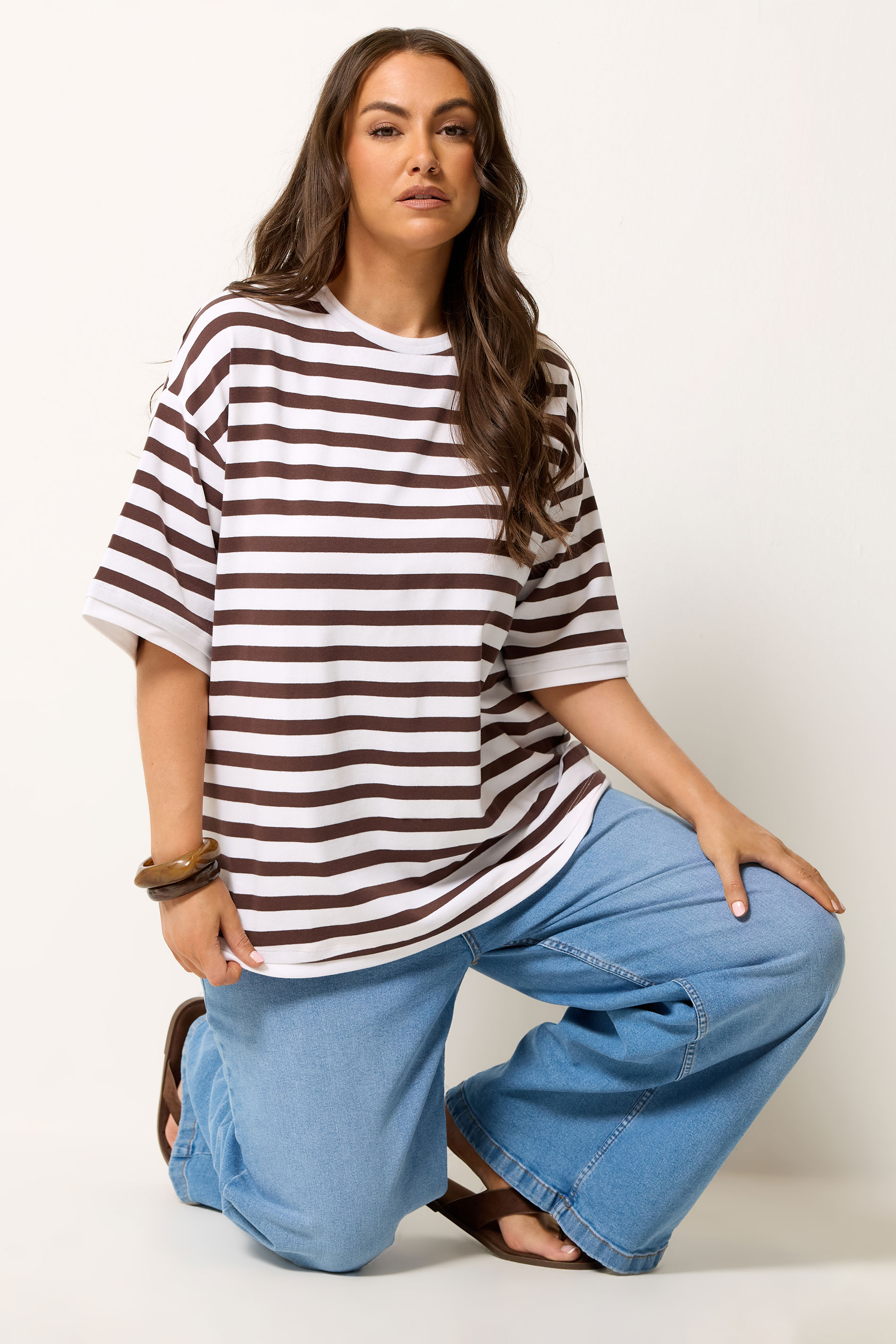 YOURS Plus Size Chocolate Brown Stripe Longline Ringer T-Shirt | Yours Clothing 3