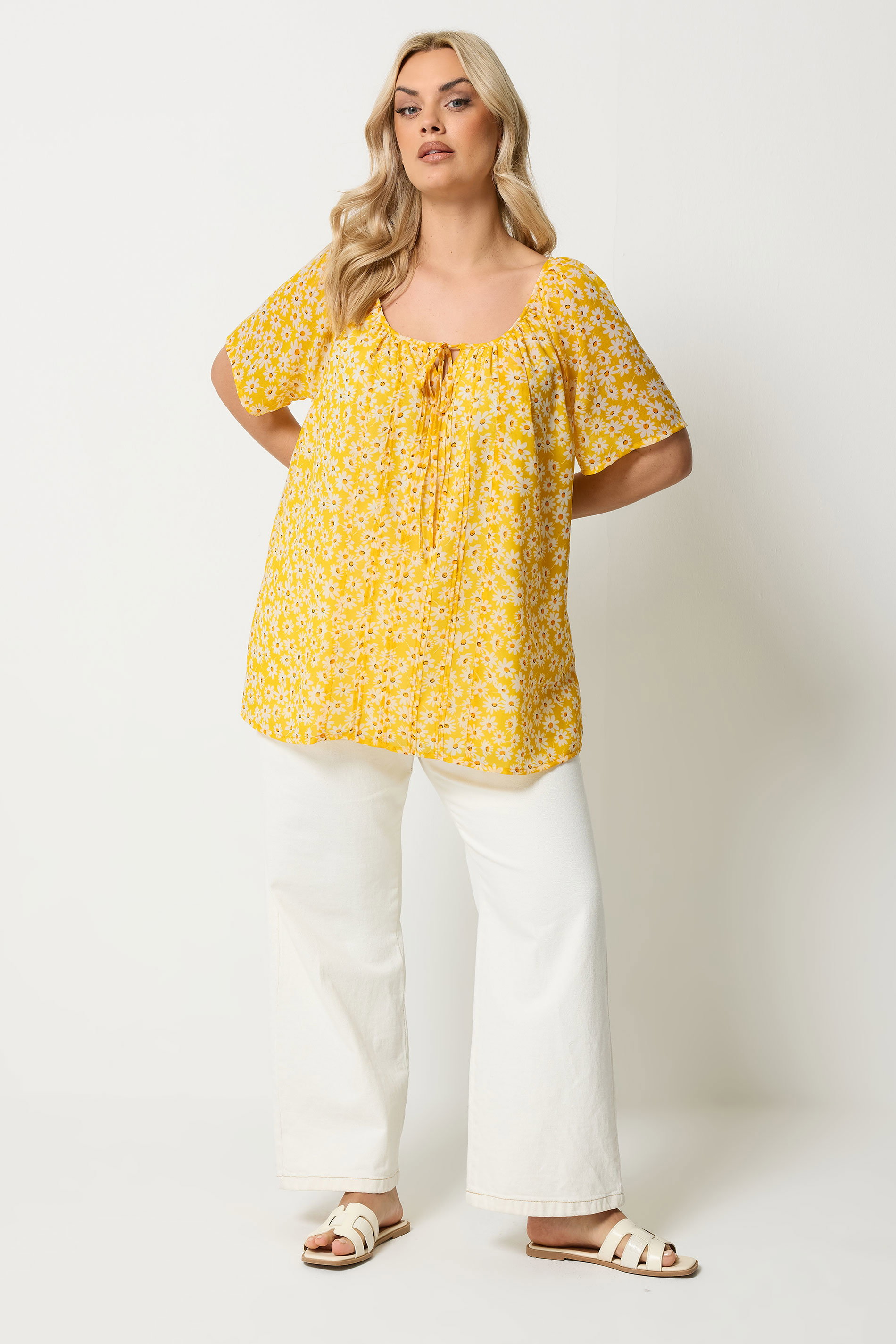 YOURS Plus Size Black & White Floral Tie Neck Pintuck Blouse | Yours Clothing 1