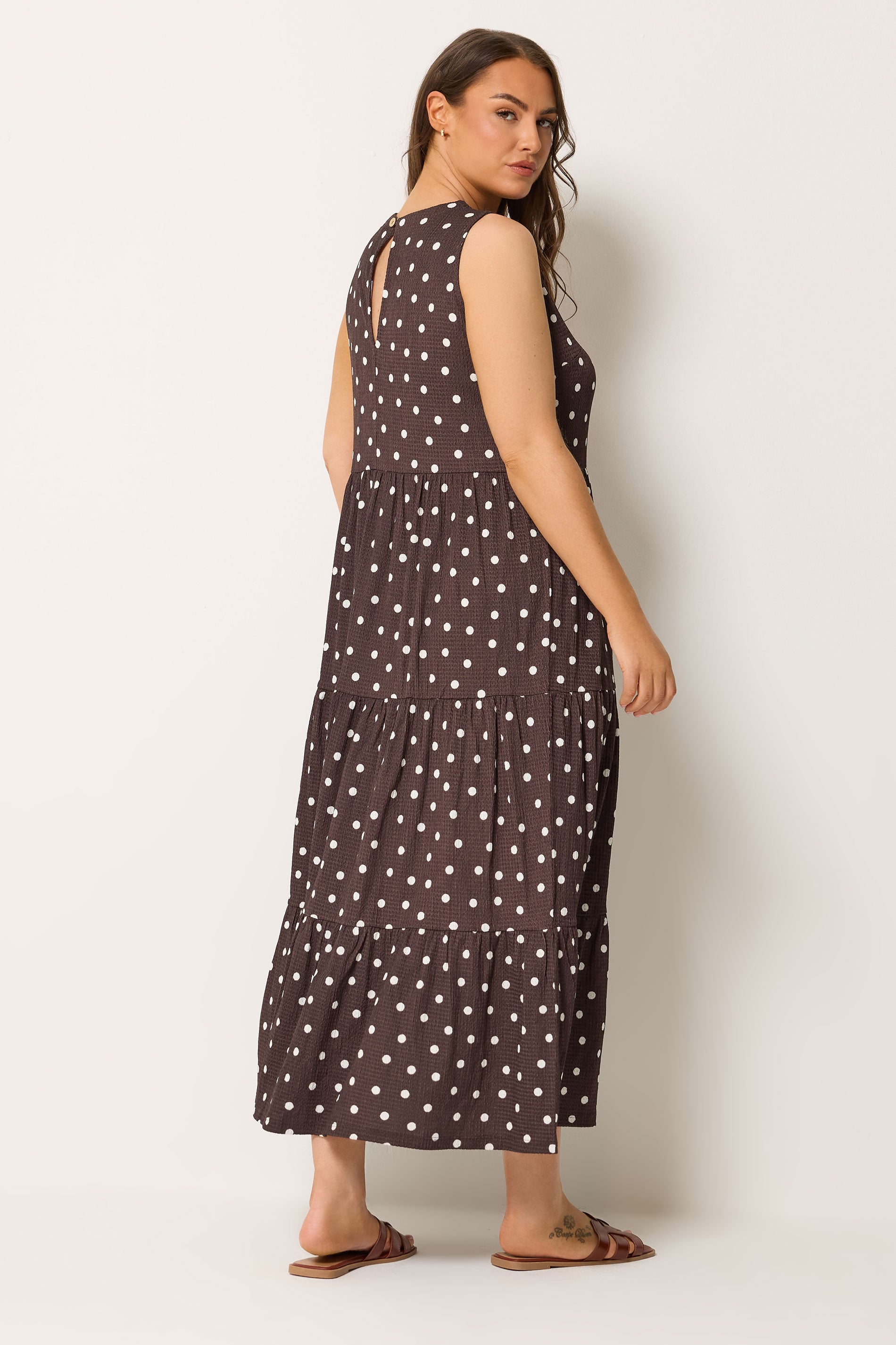 YOURS Plus Size Chocolate Brown Polka Dot Tiered Maxi Dress | Yours Clothing 2