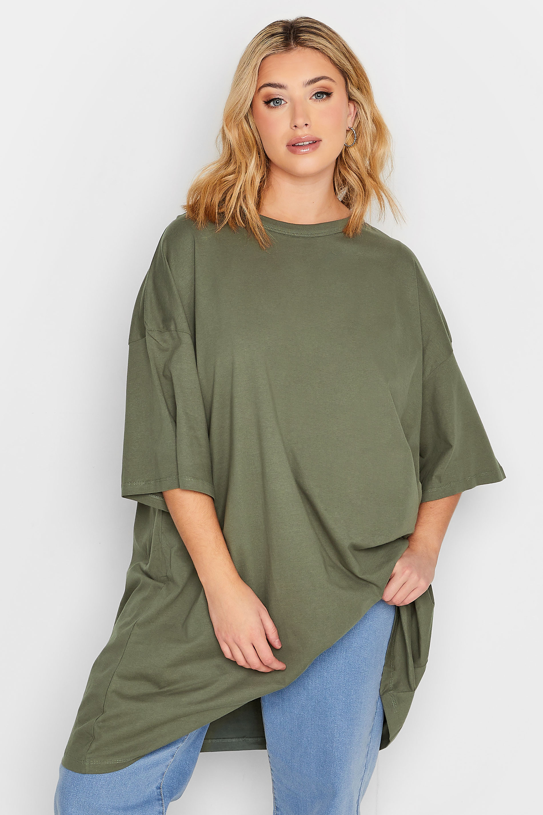 Plus-Size Khaki Green Oversized Tunic T-Shirt | Yours Clothing 1