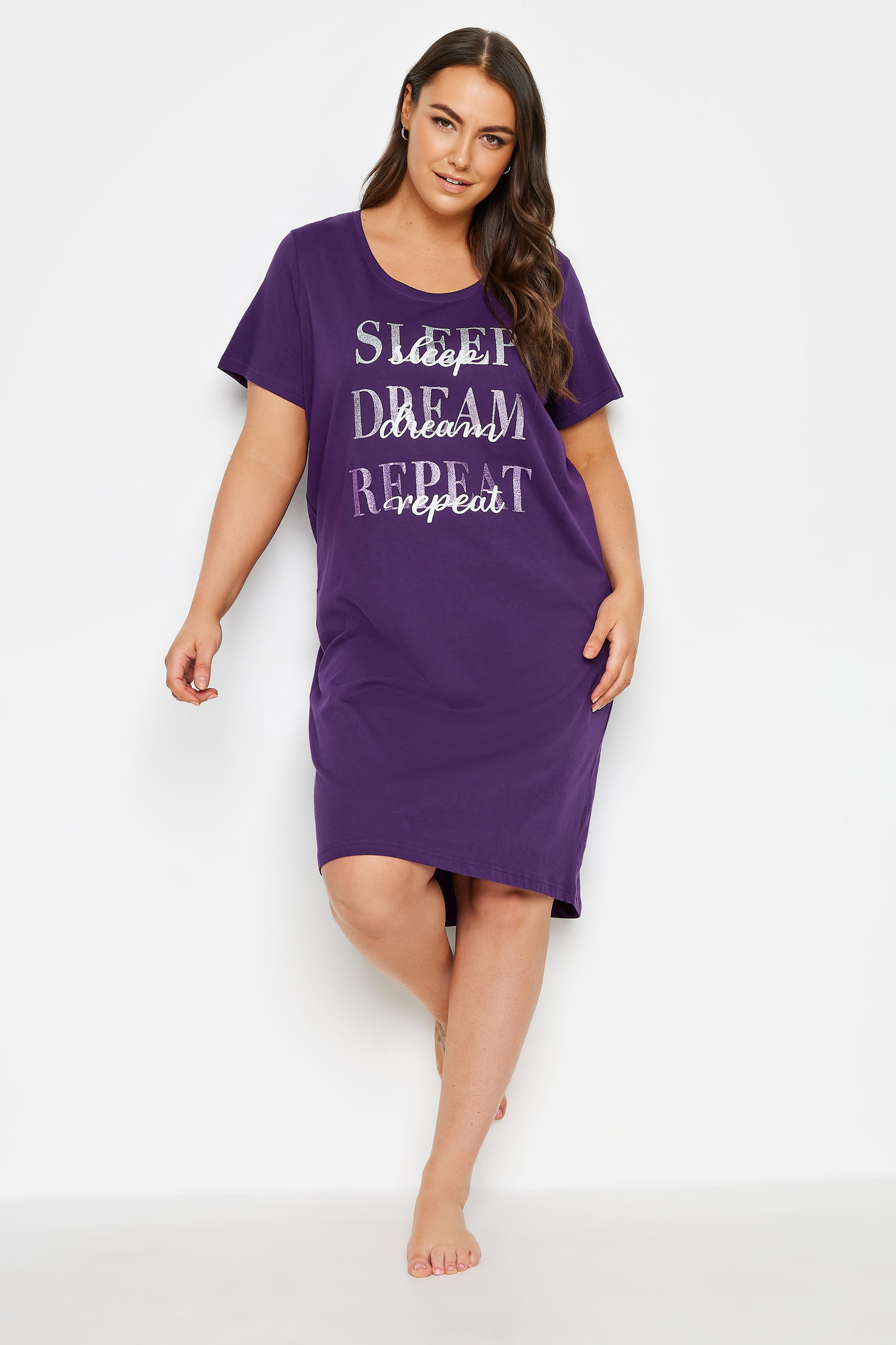 YOURS Plus Size Purple 'Sleep Dream Repeat' Slogan Nightdress | Yours Clothing 2