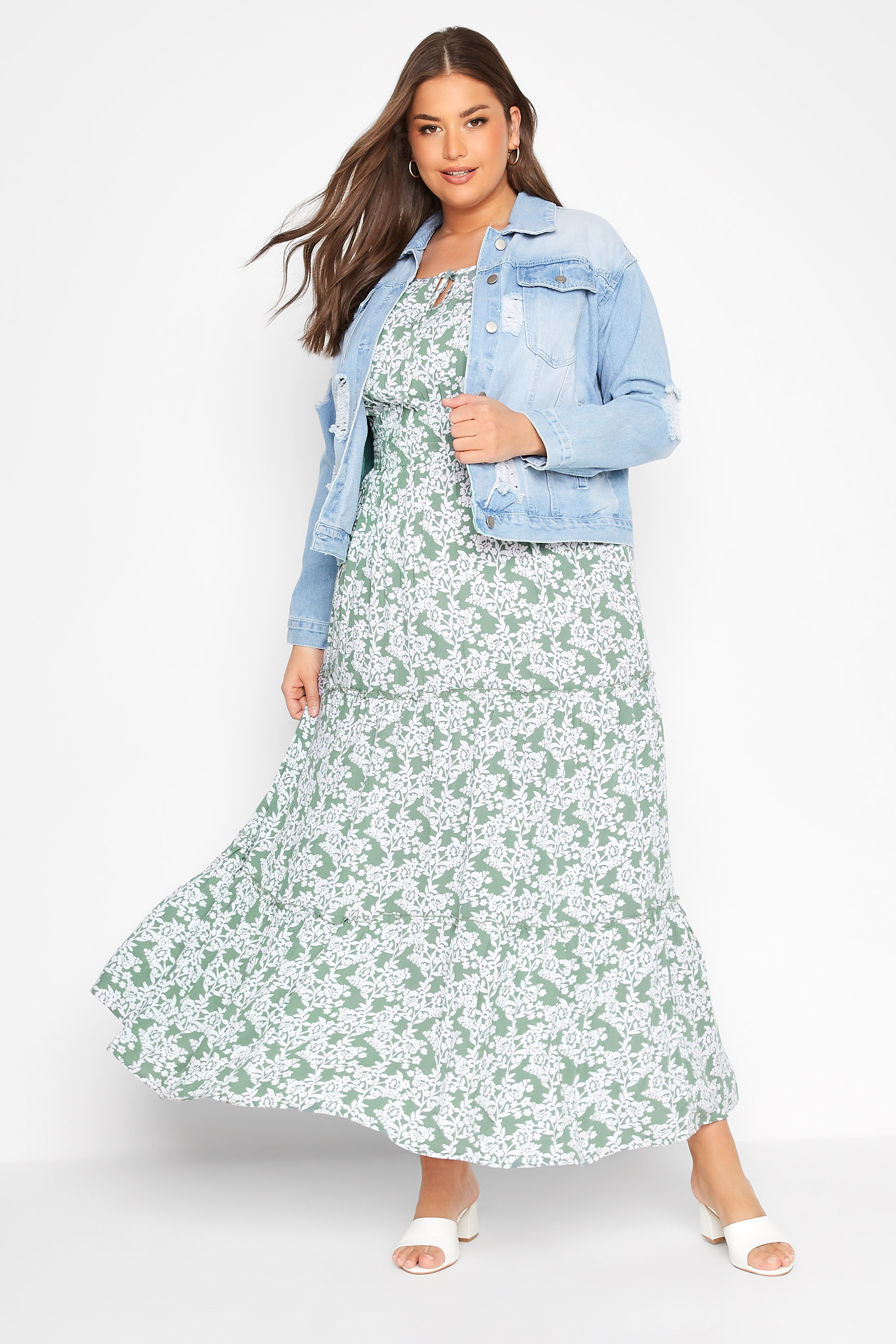 Robes Grande Taille Grande taille  Robes Longues | Robe Verte Pistache Floral Manches Courtes - XC71872