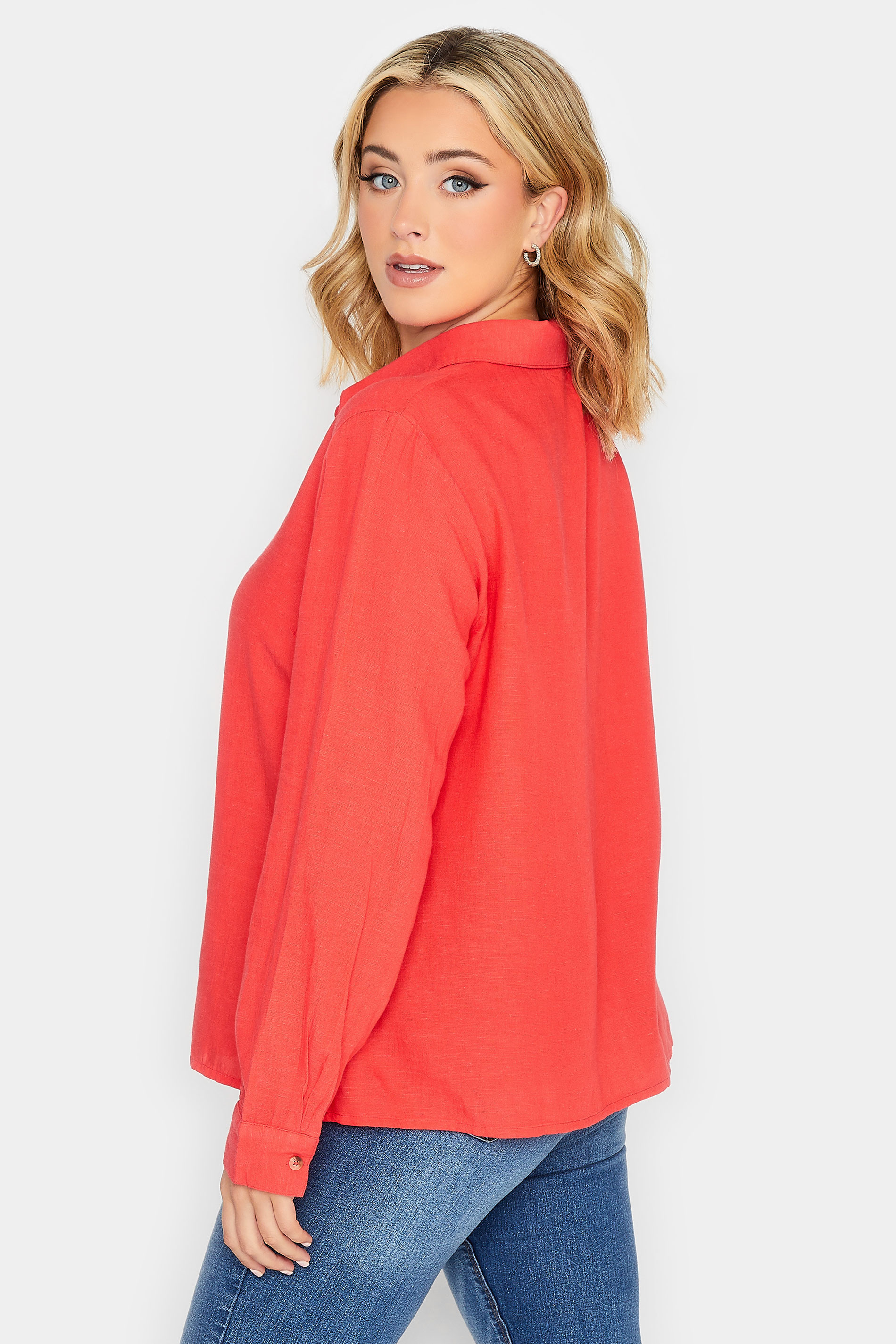 YOURS PETITE Plus Size Coral Orange Linen Blend Shirt | Yours Clothing 3