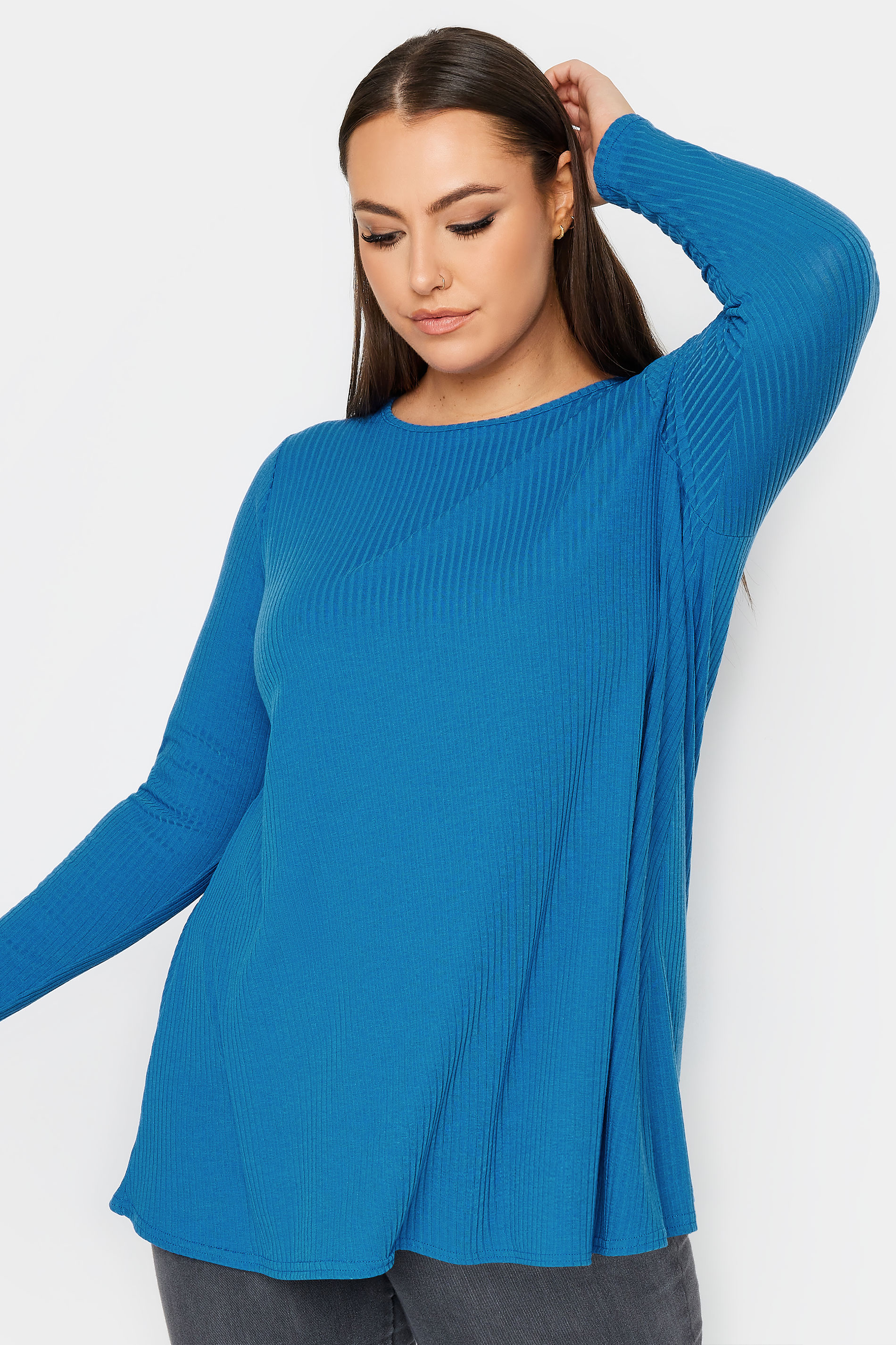 YOURS Plus Size Bright Blue Ribbed Swing T-Shirt | Yours Clothing 1