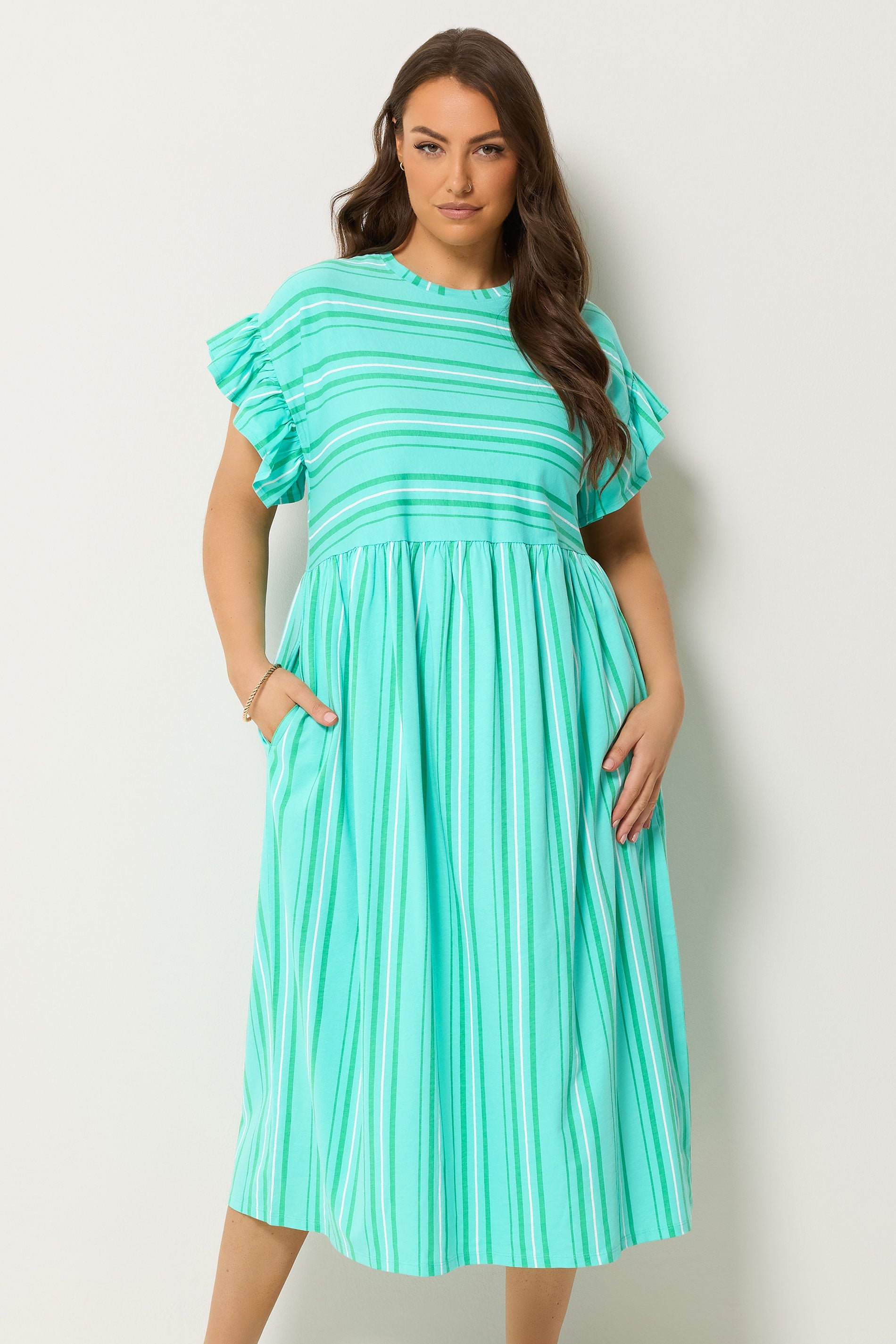 YOURS Plus Size Green Stripe Frill Sleeve Dress | Yours Clothing