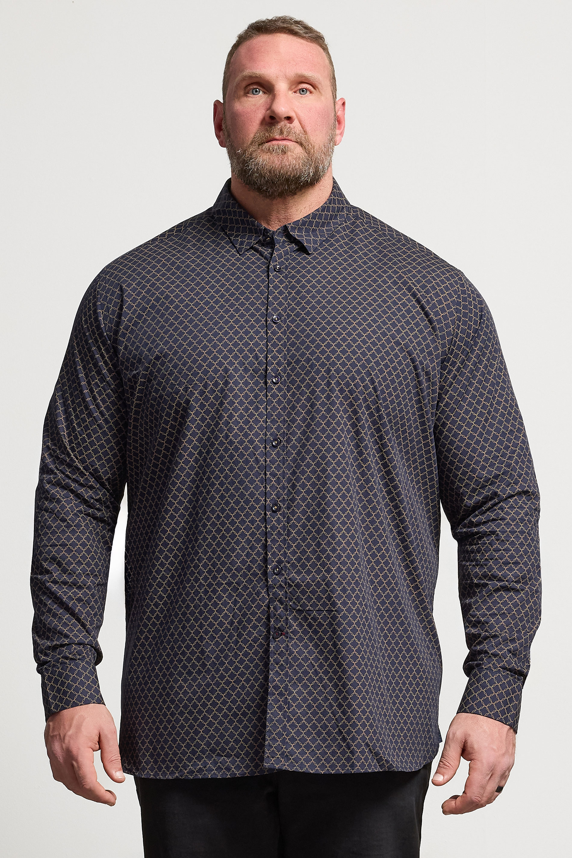 D555 Big & Tall Navy Blue & Gold Geometric Print Shirt | BadRhino 3