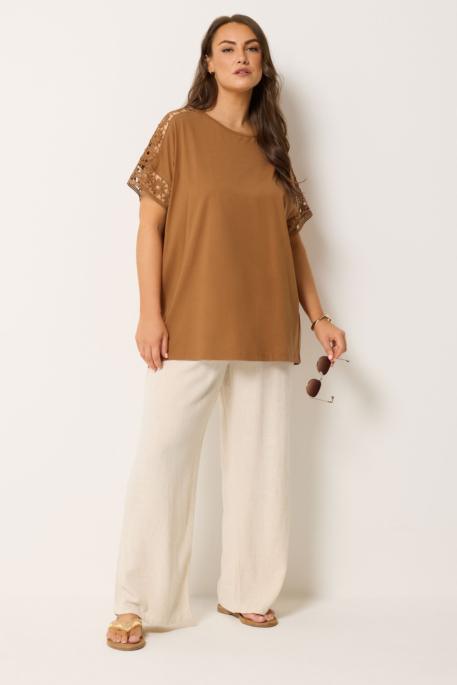 YOURS Curve Orange Crochet Sleeve Boxy T-Shirt | Yours Clothing 2
