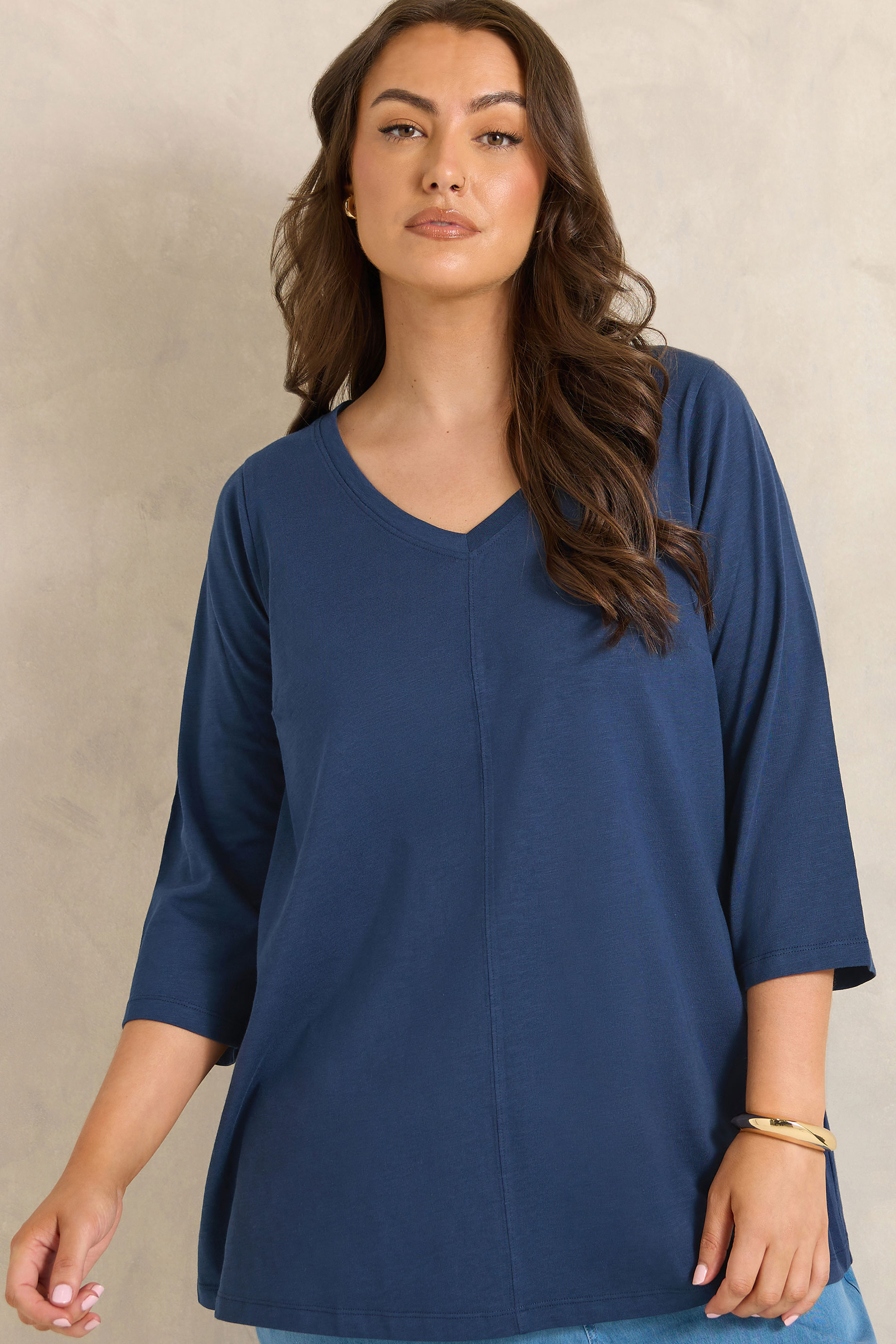 EVANS Plus Size Navy Blue V-Neck Cotton Top | Evans 3