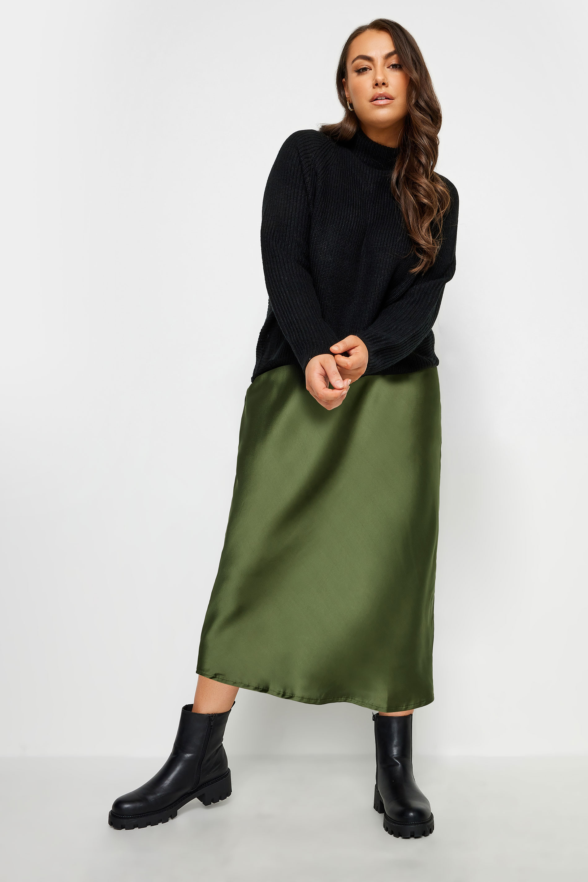YOURS Plus Size Olive Green Satin Midi Skirt | Yours Clothing 2