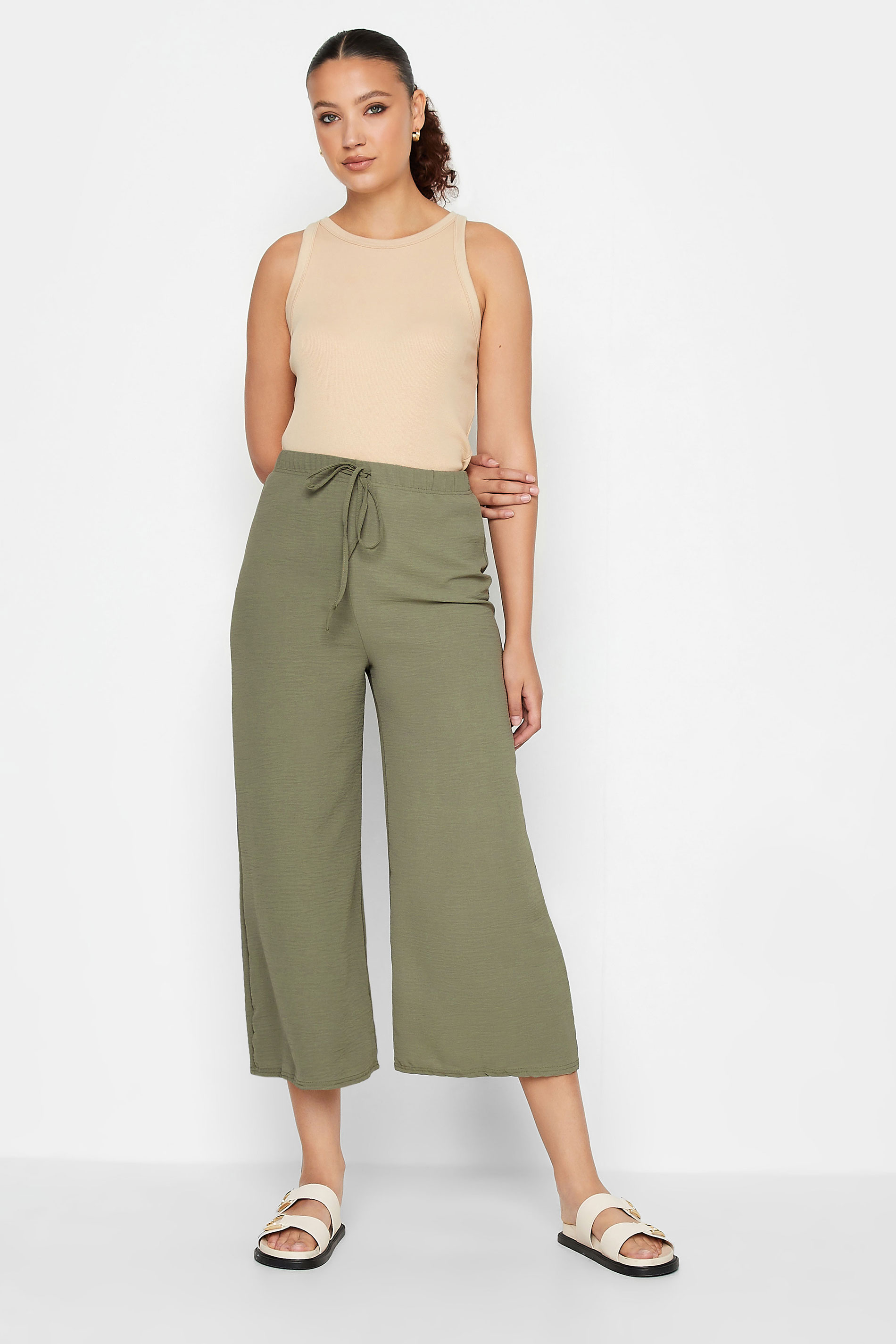 LTS Tall Khaki Green Crepe Wide Leg Cropped Trousers | Long Tall Sally 2