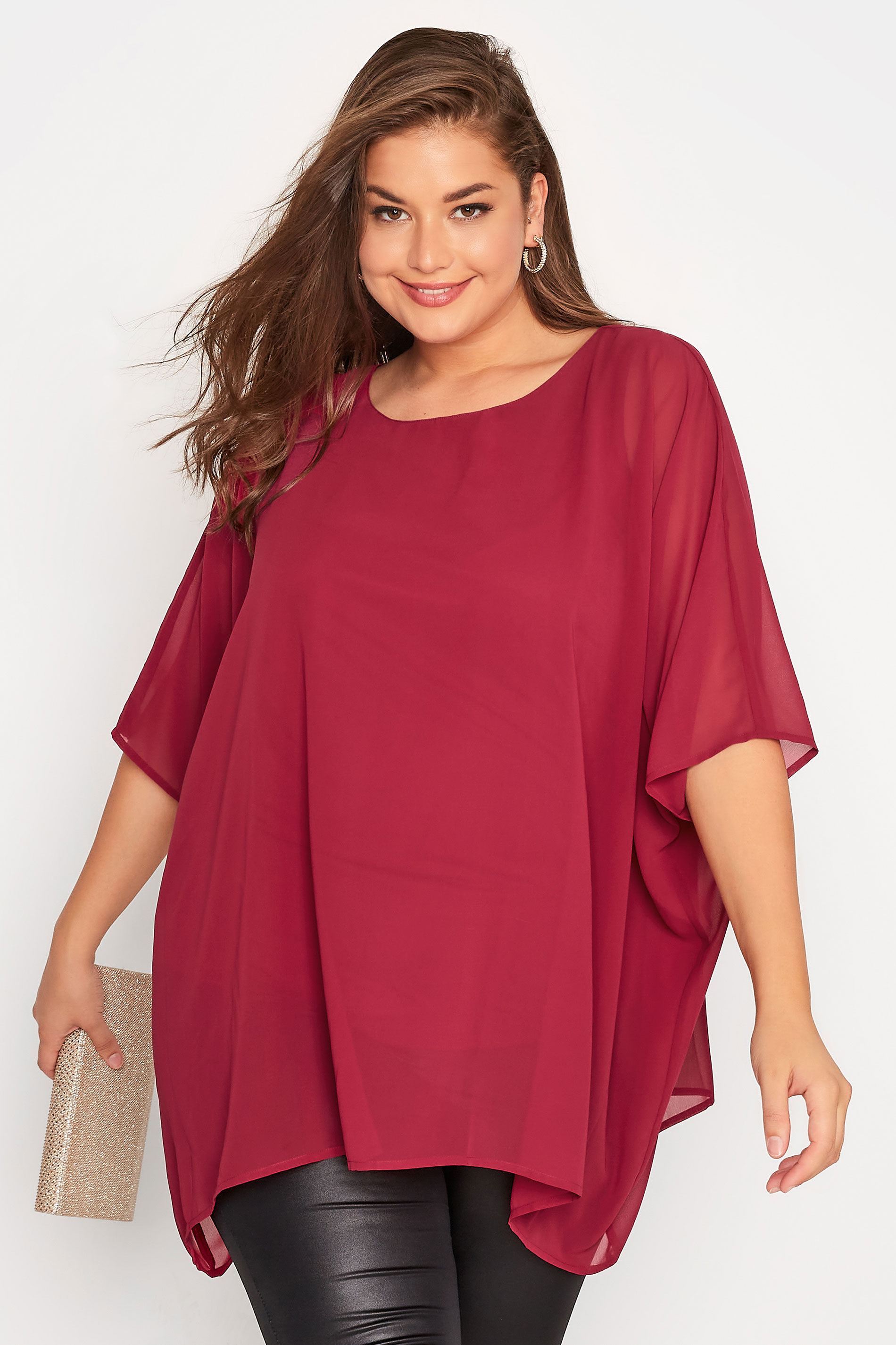 YOURS LONDON Plus Size Berry Red Chiffon Cape Blouse | Yours Clothing  1