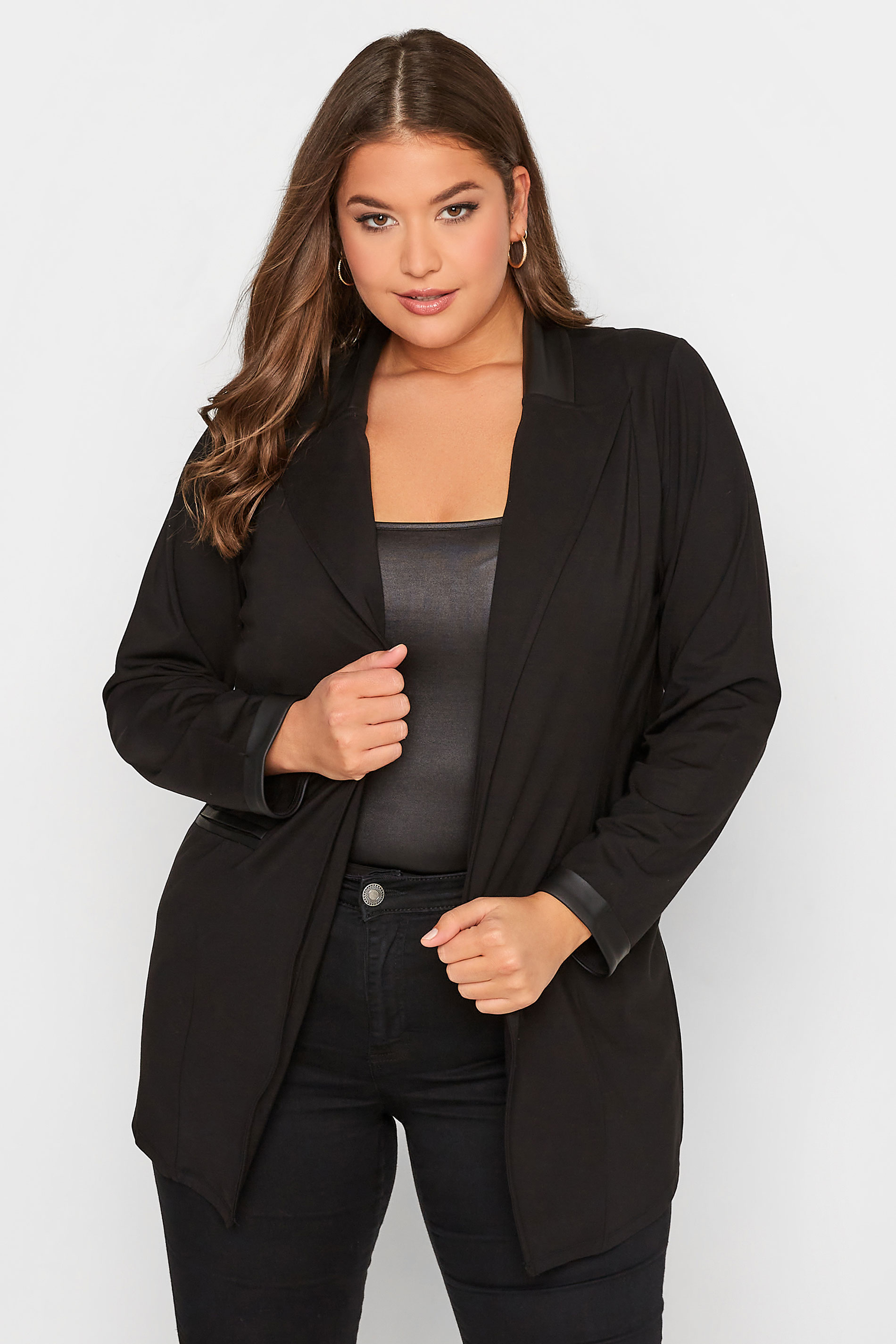 Plus Size Black Faux Leather Detail Blazer | Yours Clothing 1